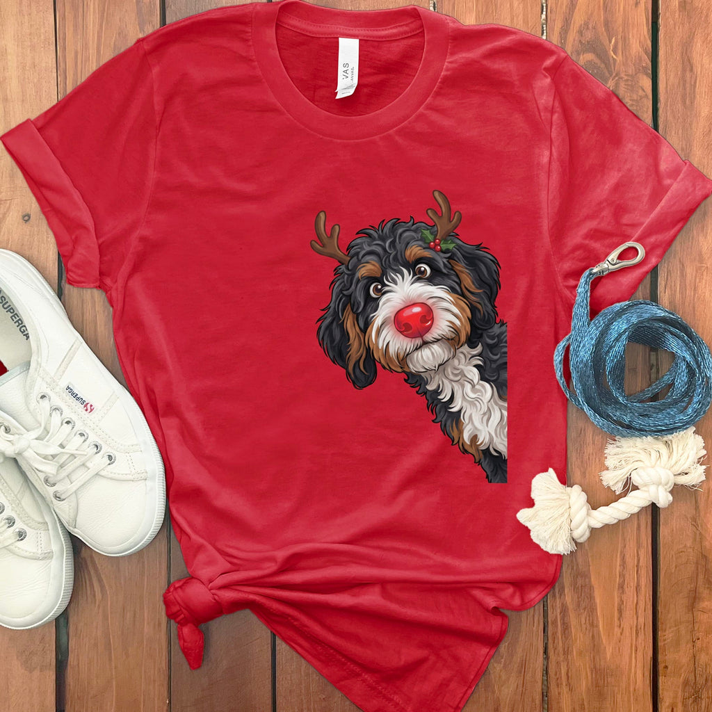 Peeking Rudolph Bernedoodle T-Shirt in Red / M / T-Shirts by Puppy Jo