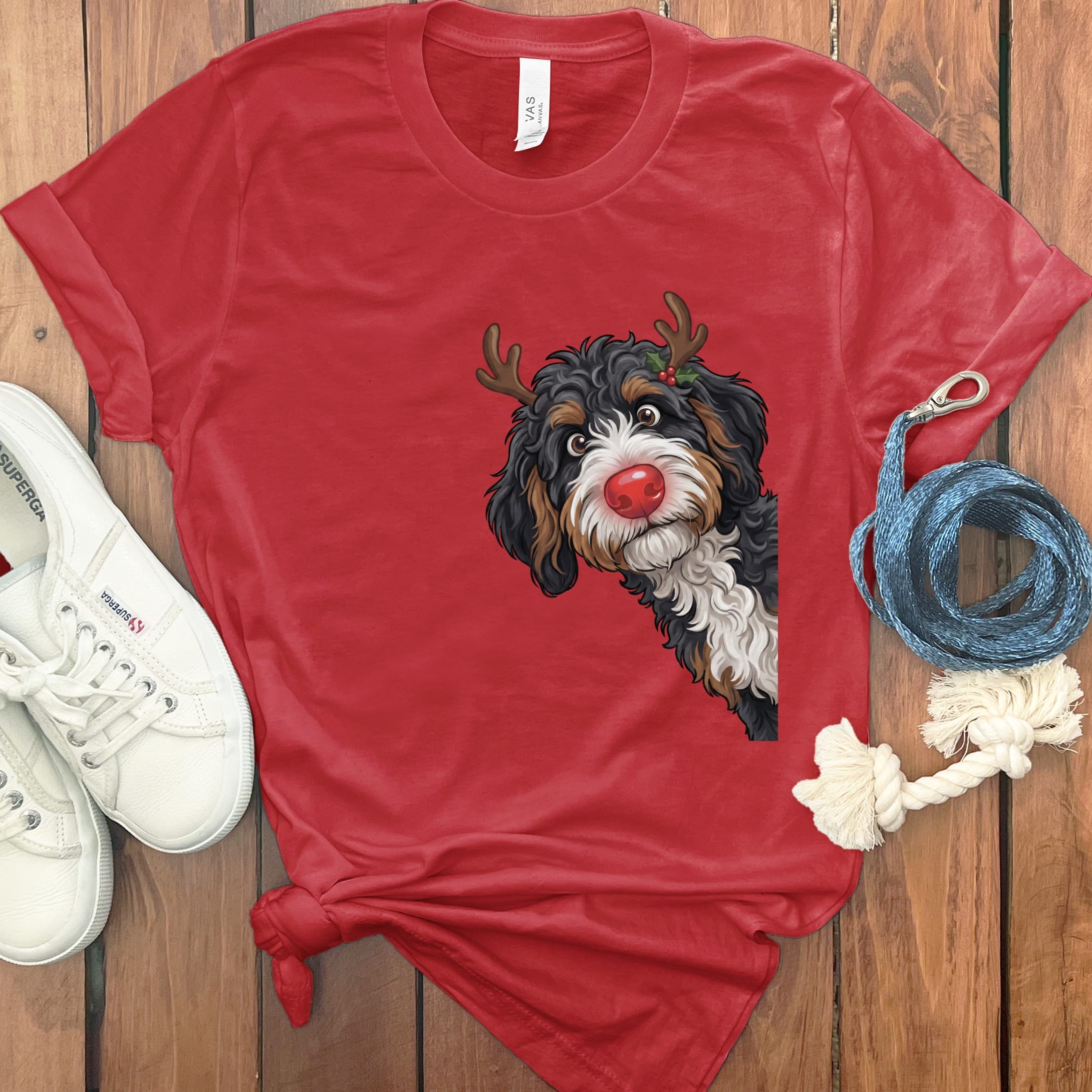 Peeking Rudolph Bernedoodle T-Shirt in Red / M / T-Shirts by Puppy Jo