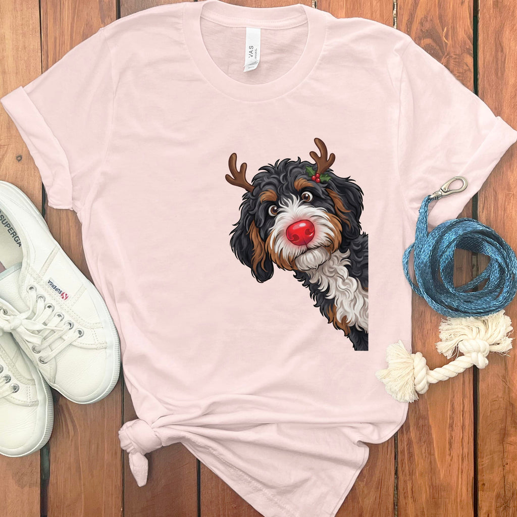 Peeking Rudolph Bernedoodle T-Shirt in Soft Pink / M / T-Shirts by Puppy Jo