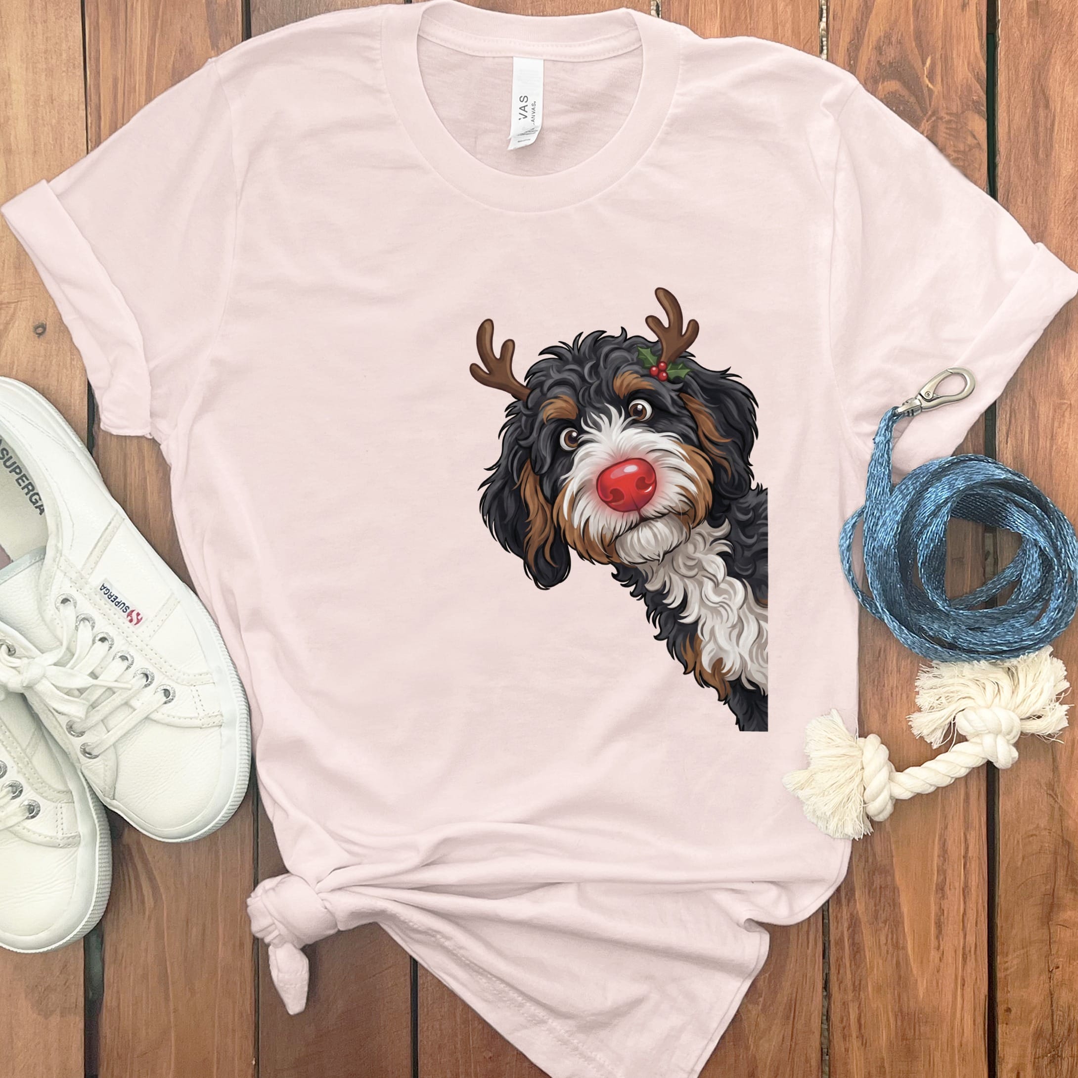 Peeking Rudolph Bernedoodle T-Shirt in Soft Pink / M / T-Shirts by Puppy Jo