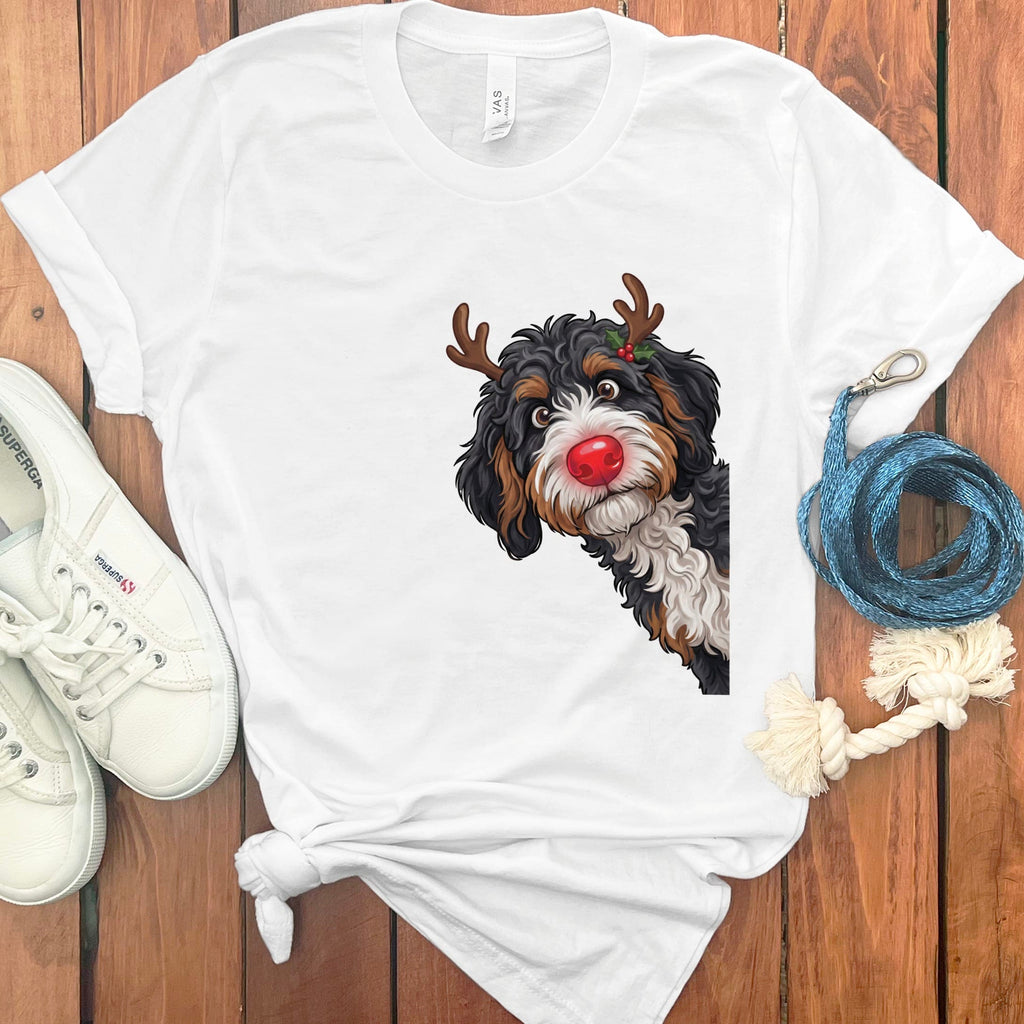 Peeking Rudolph Bernedoodle T-Shirt in White / M / T-Shirts by Puppy Jo