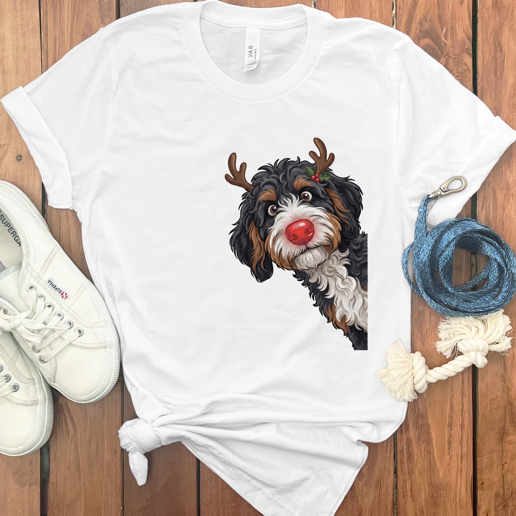 Peeking Rudolph Bernedoodle T-Shirt in White / M / T-Shirts by Puppy Jo