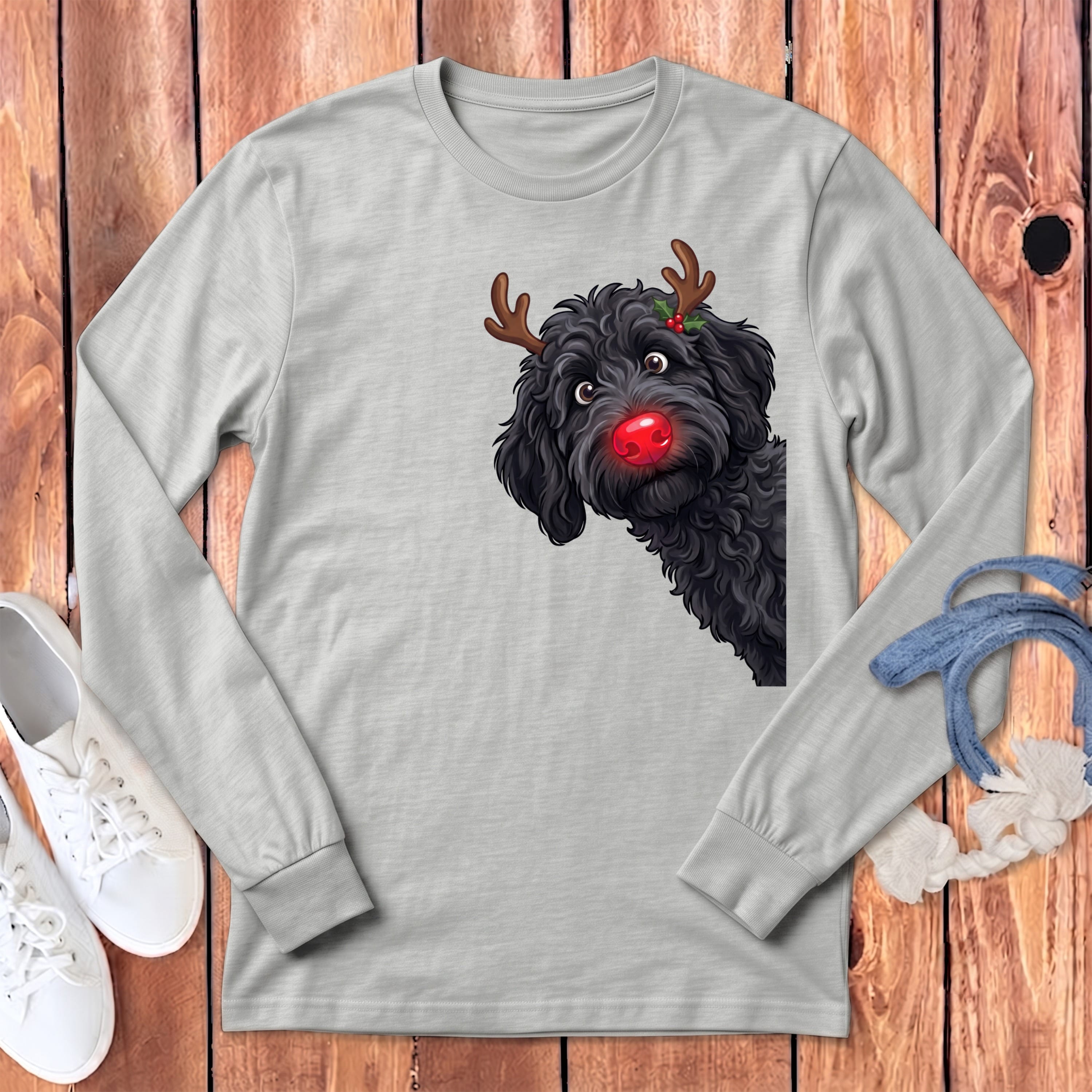 Peeking Rudolph Black Goldendoodle Long Sleeve T-Shirt in Athletic Heather / S by Puppy Jo