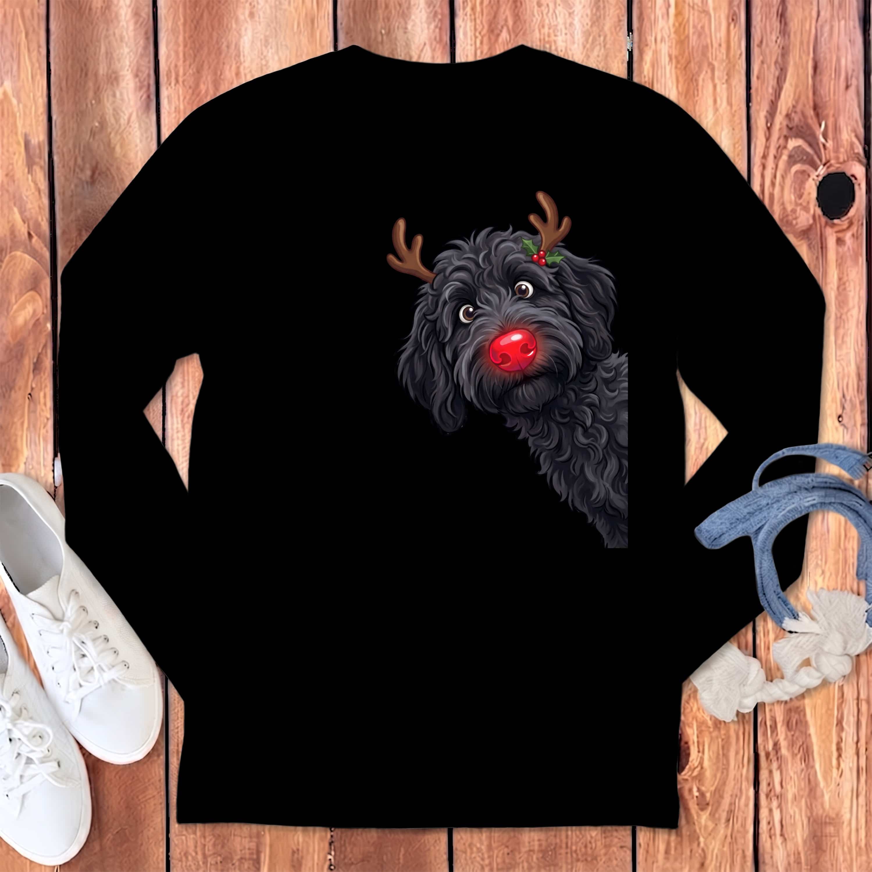 Peeking Rudolph Black Goldendoodle Long Sleeve T-Shirt in Black / S by Puppy Jo