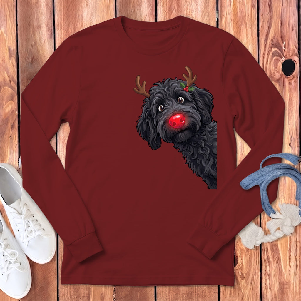 Peeking Rudolph Black Goldendoodle Long Sleeve T-Shirt in Cardinal / S by Puppy Jo