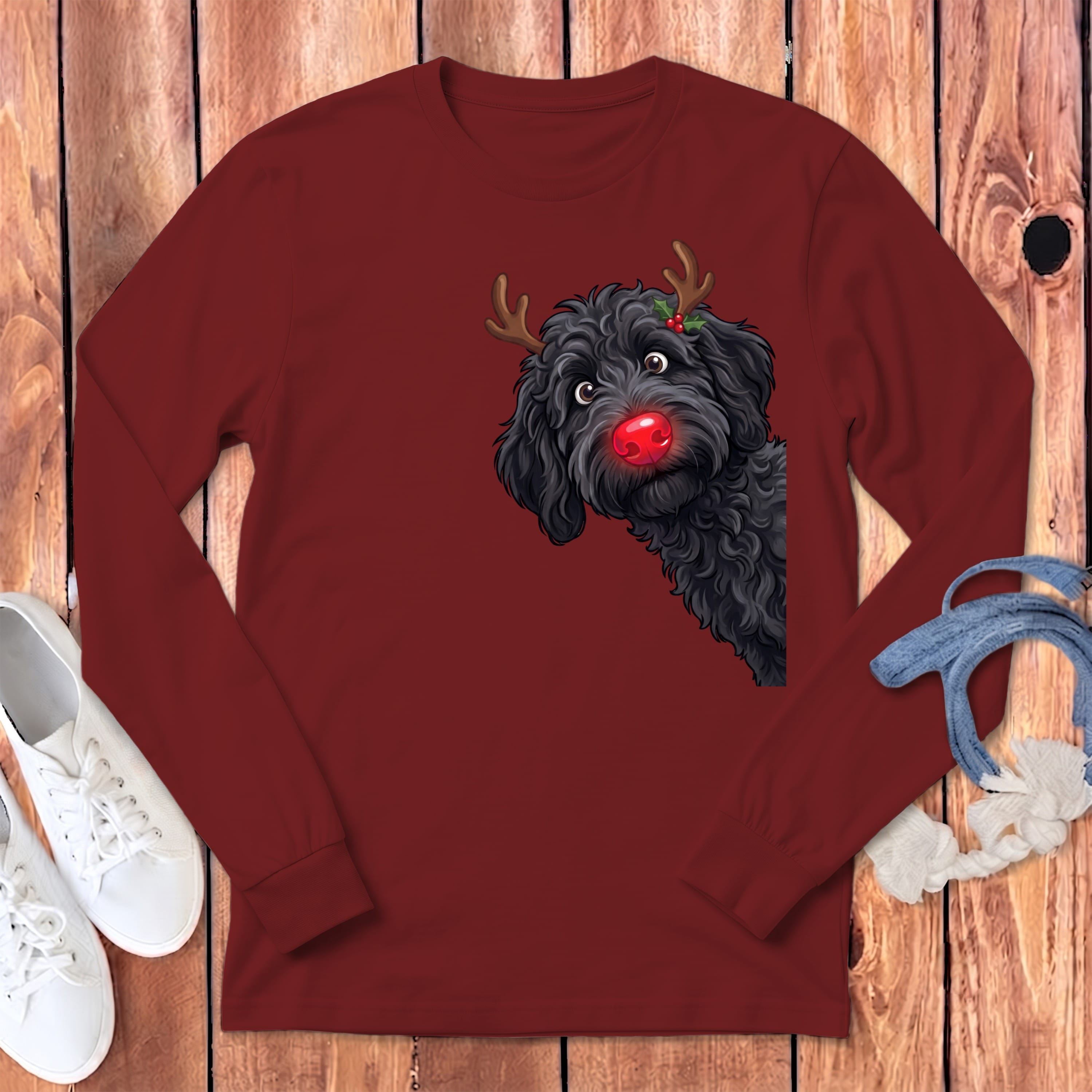 Peeking Rudolph Black Goldendoodle Long Sleeve T-Shirt in Cardinal / S by Puppy Jo
