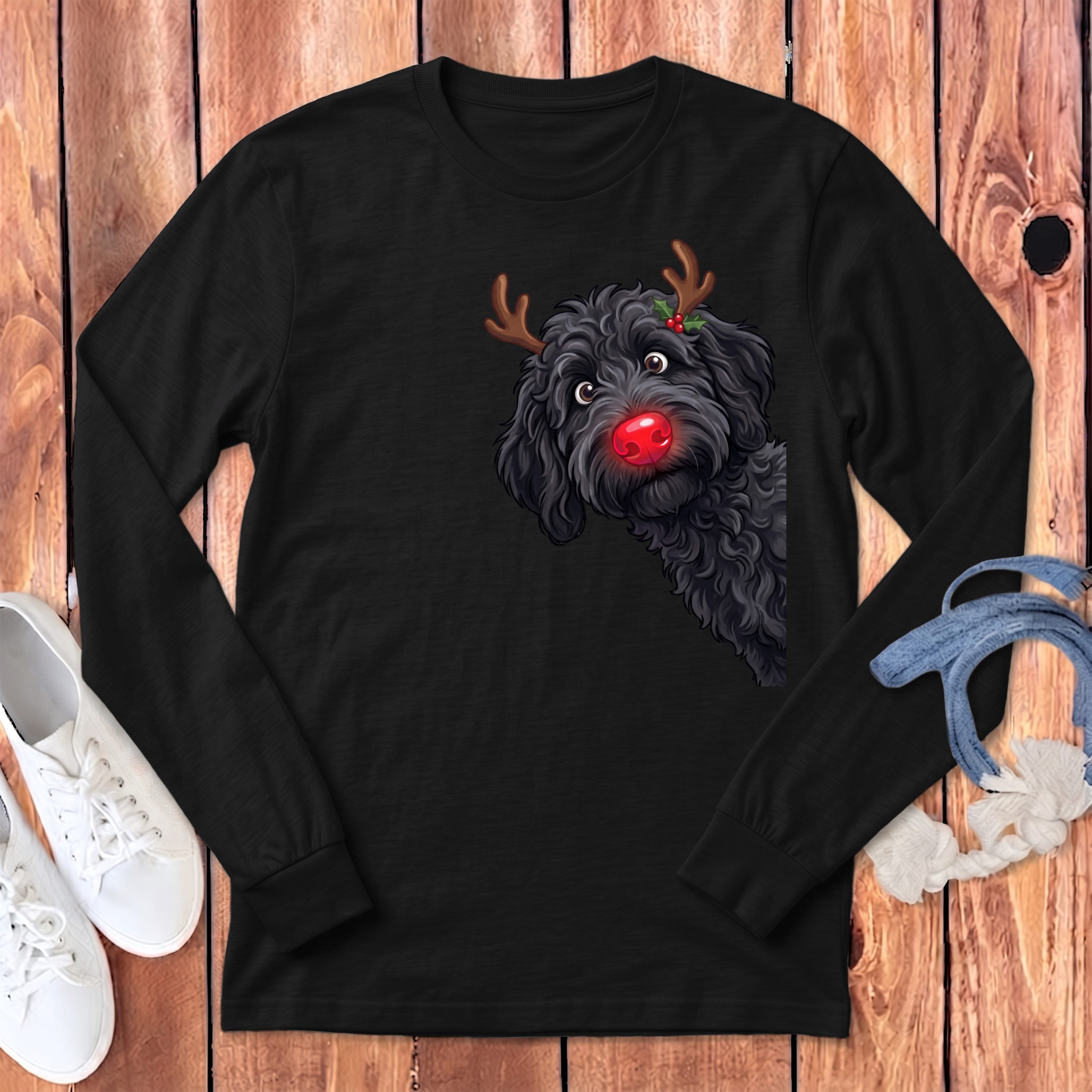 Peeking Rudolph Black Goldendoodle Long Sleeve T-Shirt in Dark Grey Heather / S by Puppy Jo
