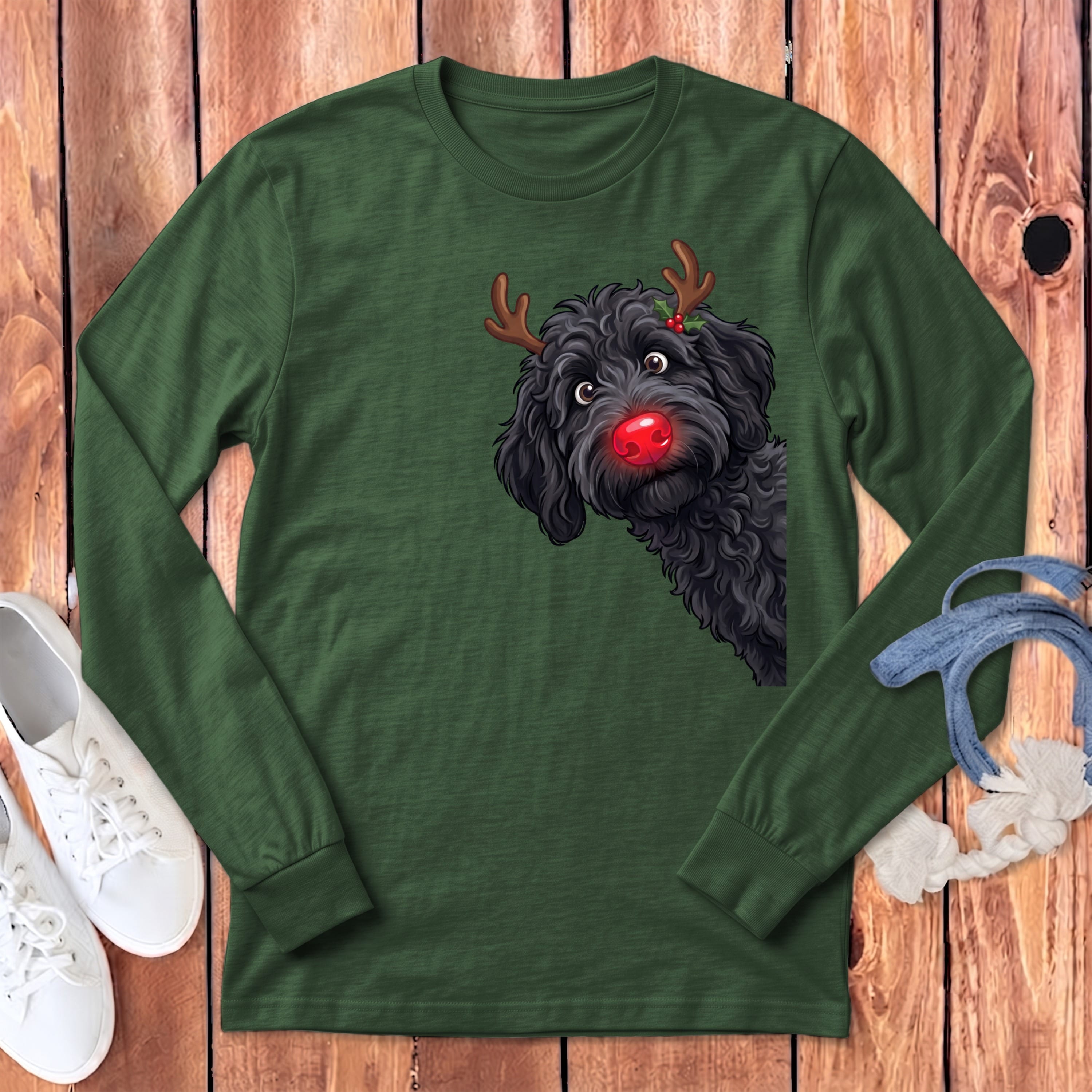 Peeking Rudolph Black Goldendoodle Long Sleeve T-Shirt in Heather Forest / S by Puppy Jo