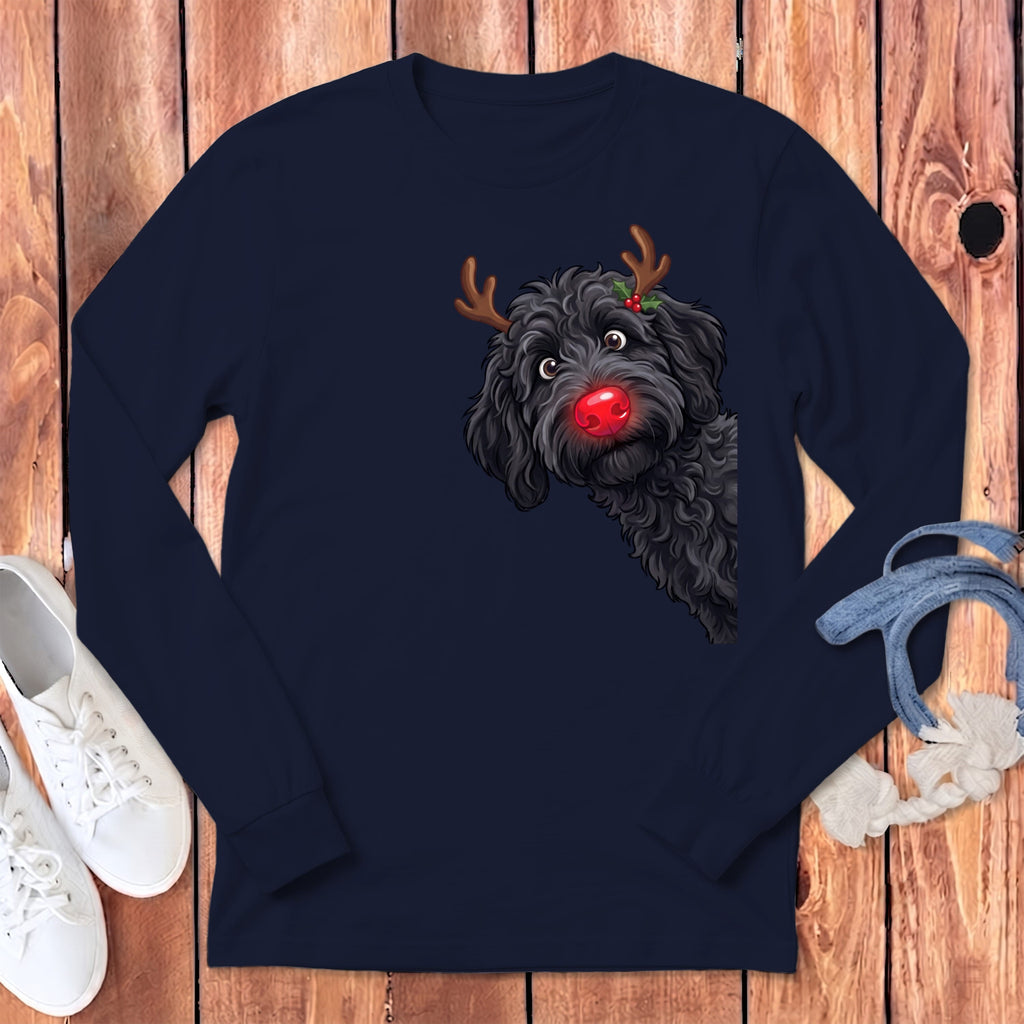 Peeking Rudolph Black Goldendoodle Long Sleeve T-Shirt in Navy / S by Puppy Jo