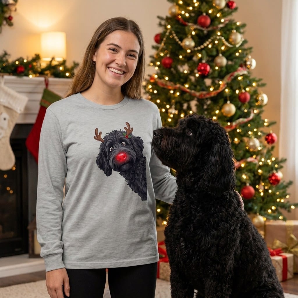 Peeking Rudolph Black Goldendoodle Long Sleeve T-Shirt in by Puppy Jo