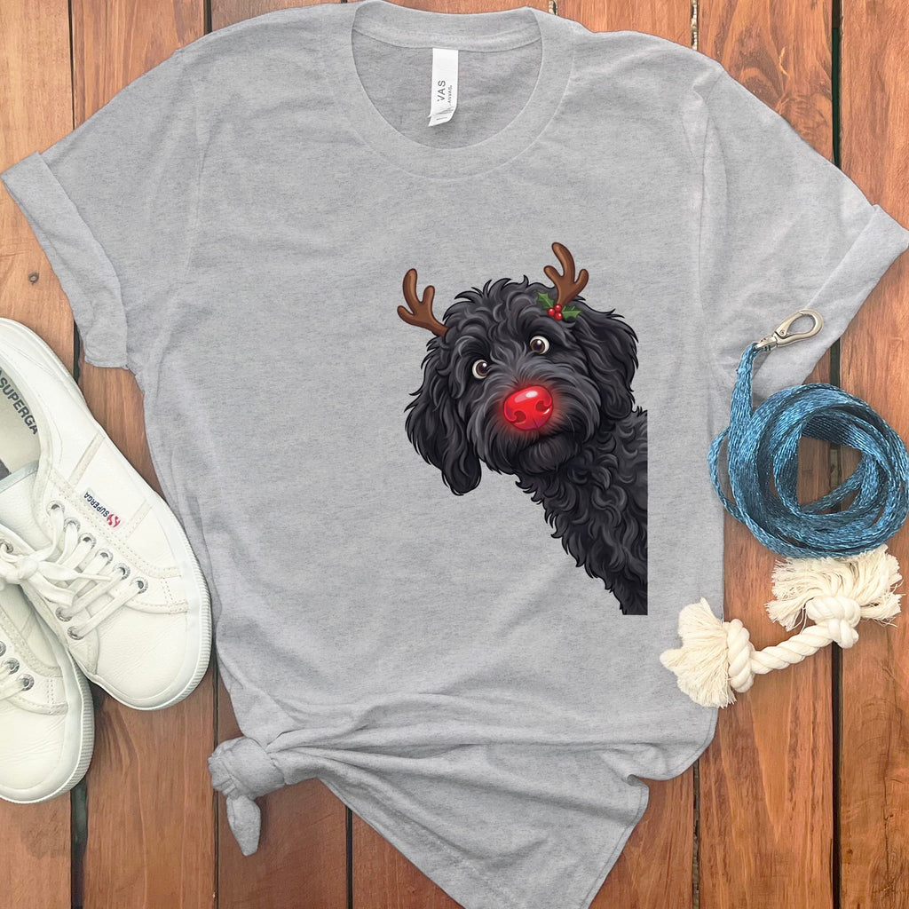 Peeking Rudolph Black Goldendoodle T-Shirt in Athletic Heather / M / T-Shirts by Puppy Jo