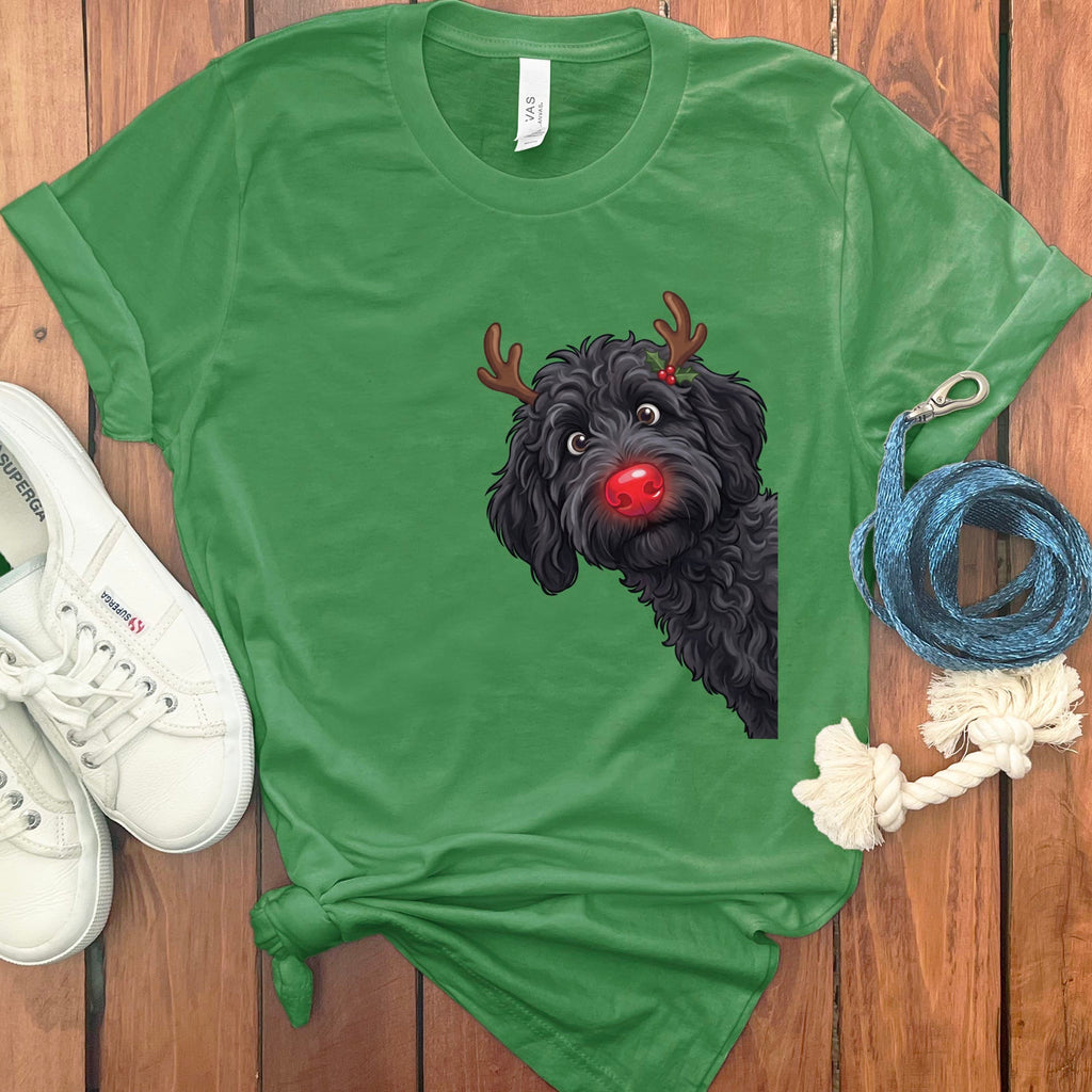 Peeking Rudolph Black Goldendoodle T-Shirt in Leaf / M / T-Shirts by Puppy Jo
