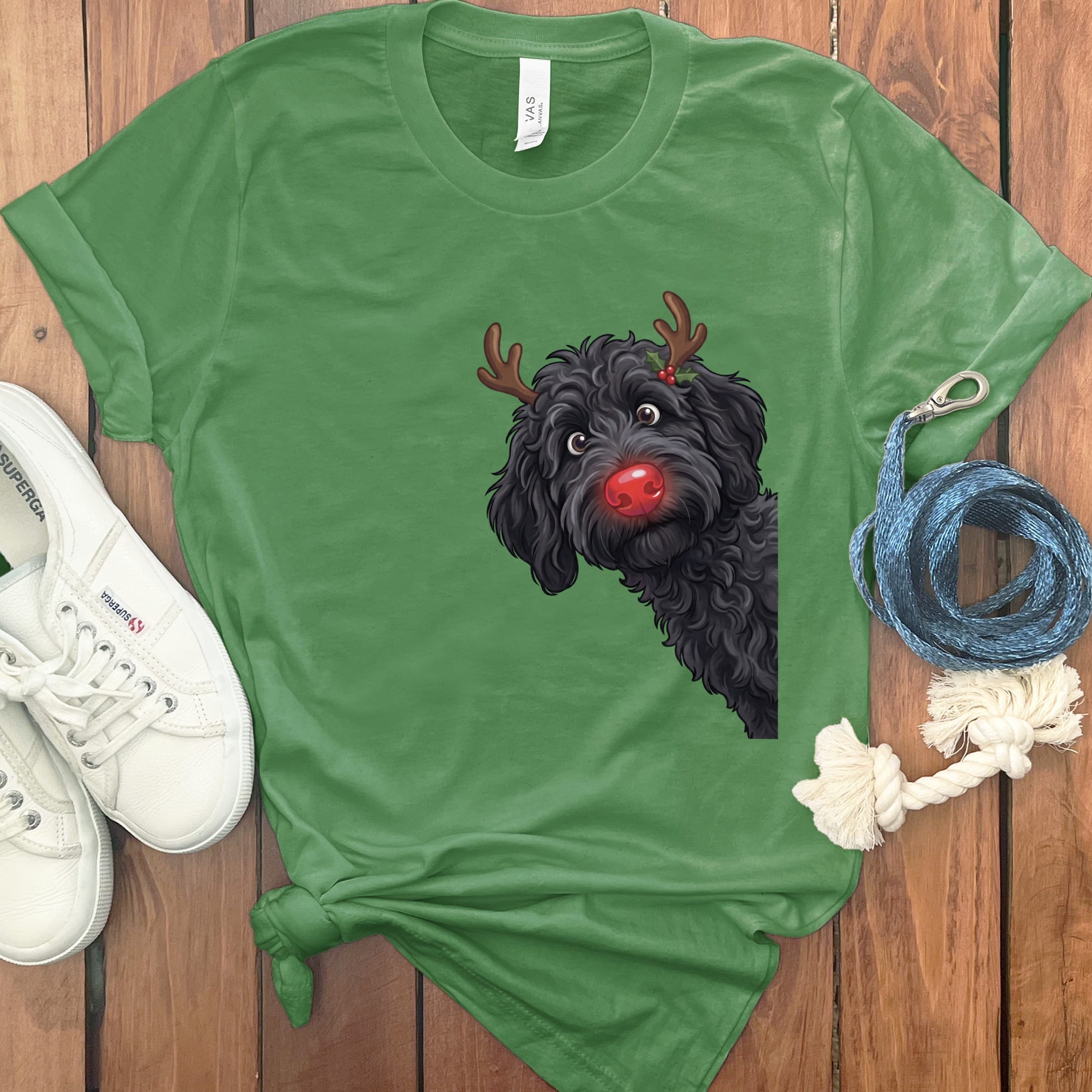 Peeking Rudolph Black Goldendoodle T-Shirt in Leaf / M / T-Shirts by Puppy Jo