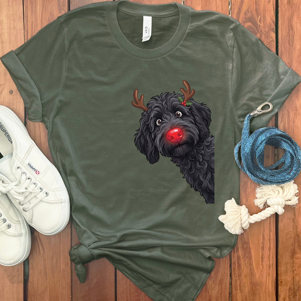 Peeking Rudolph Black Goldendoodle T-Shirt in Military Green / M / T-Shirts by Puppy Jo