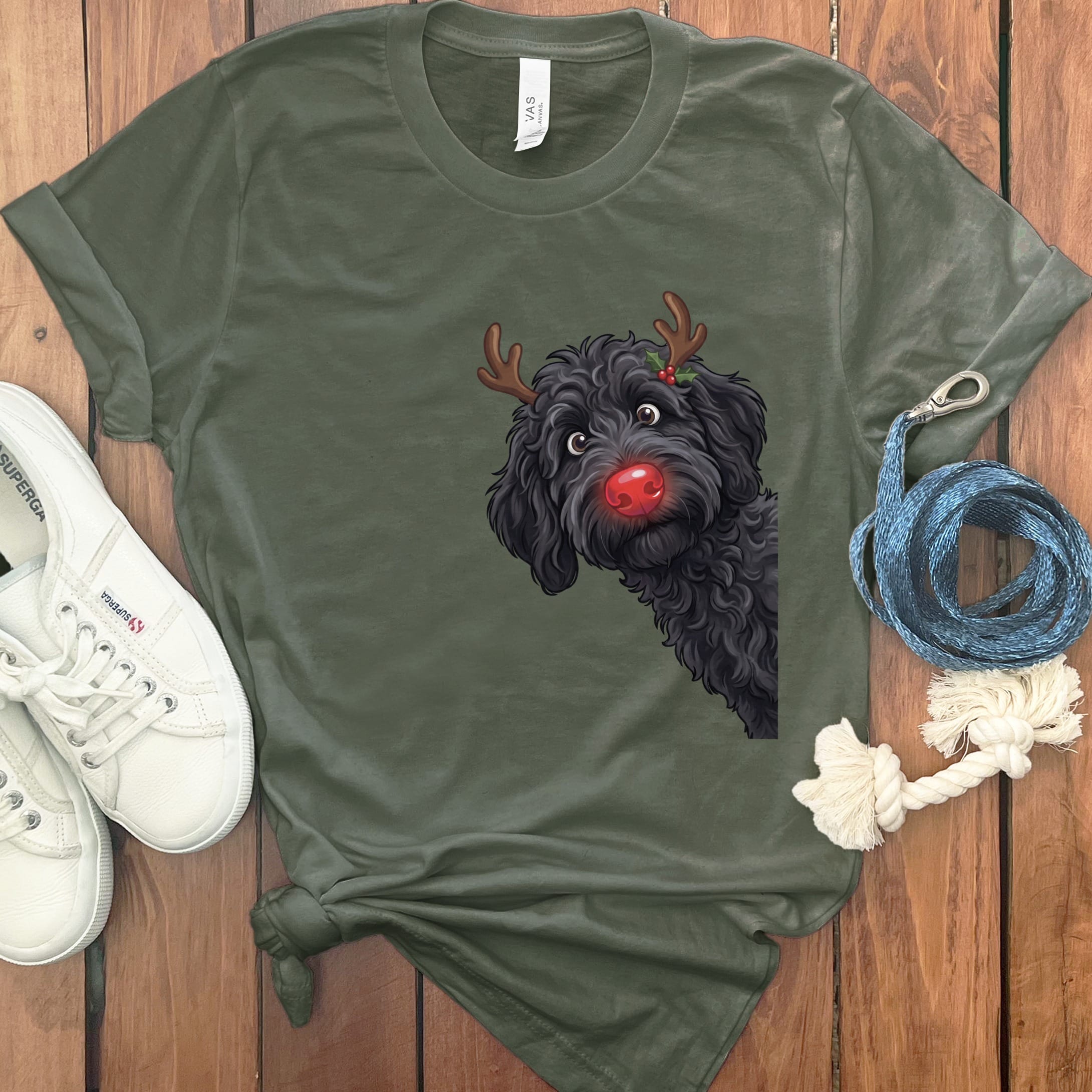 Peeking Rudolph Black Goldendoodle T-Shirt in Military Green / M / T-Shirts by Puppy Jo