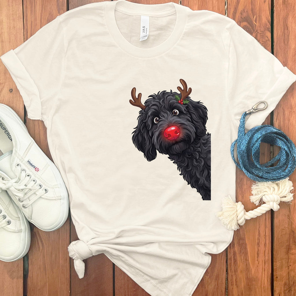 Peeking Rudolph Black Goldendoodle T-Shirt in Natural / M / T-Shirts by Puppy Jo