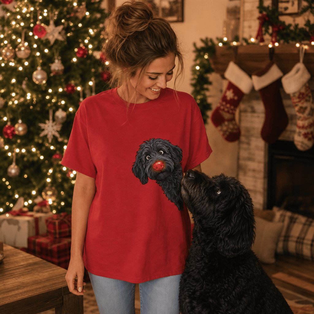 Peeking Rudolph Black Goldendoodle T-Shirt in by Puppy Jo