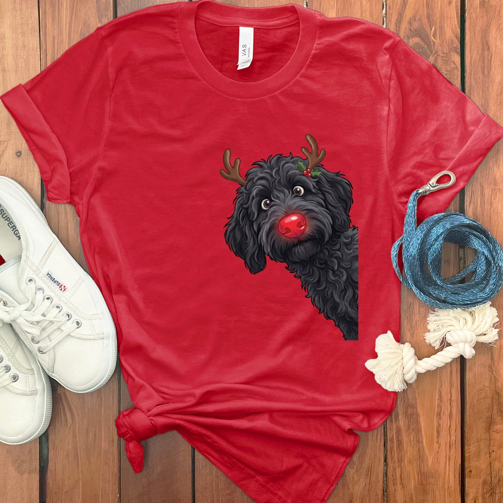 Peeking Rudolph Black Goldendoodle T-Shirt in Red / M / T-Shirts by Puppy Jo