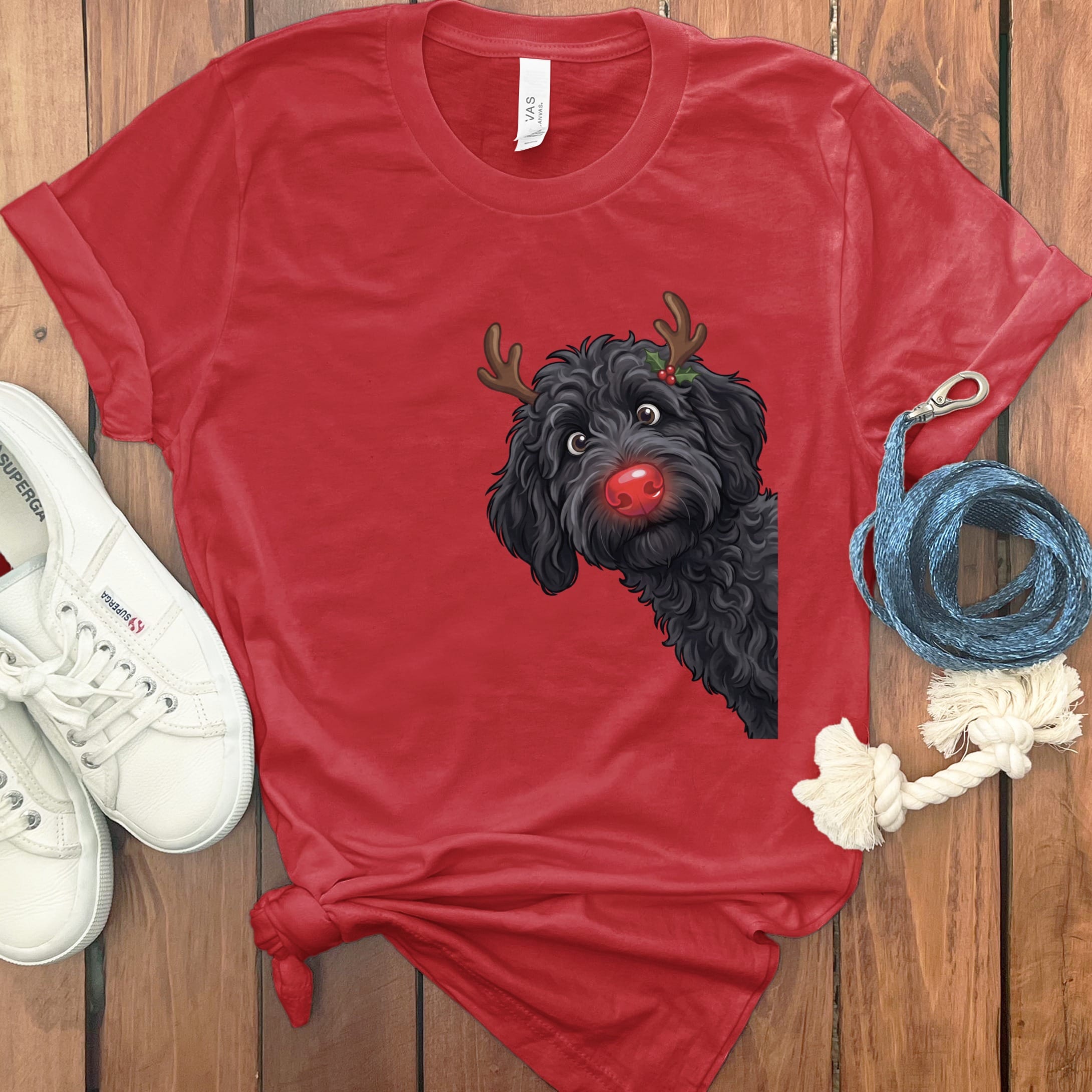 Peeking Rudolph Black Goldendoodle T-Shirt in Red / M / T-Shirts by Puppy Jo