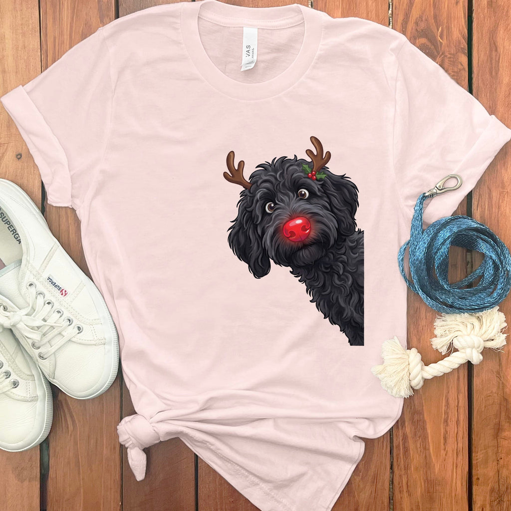 Peeking Rudolph Black Goldendoodle T-Shirt in Soft Pink / M / T-Shirts by Puppy Jo