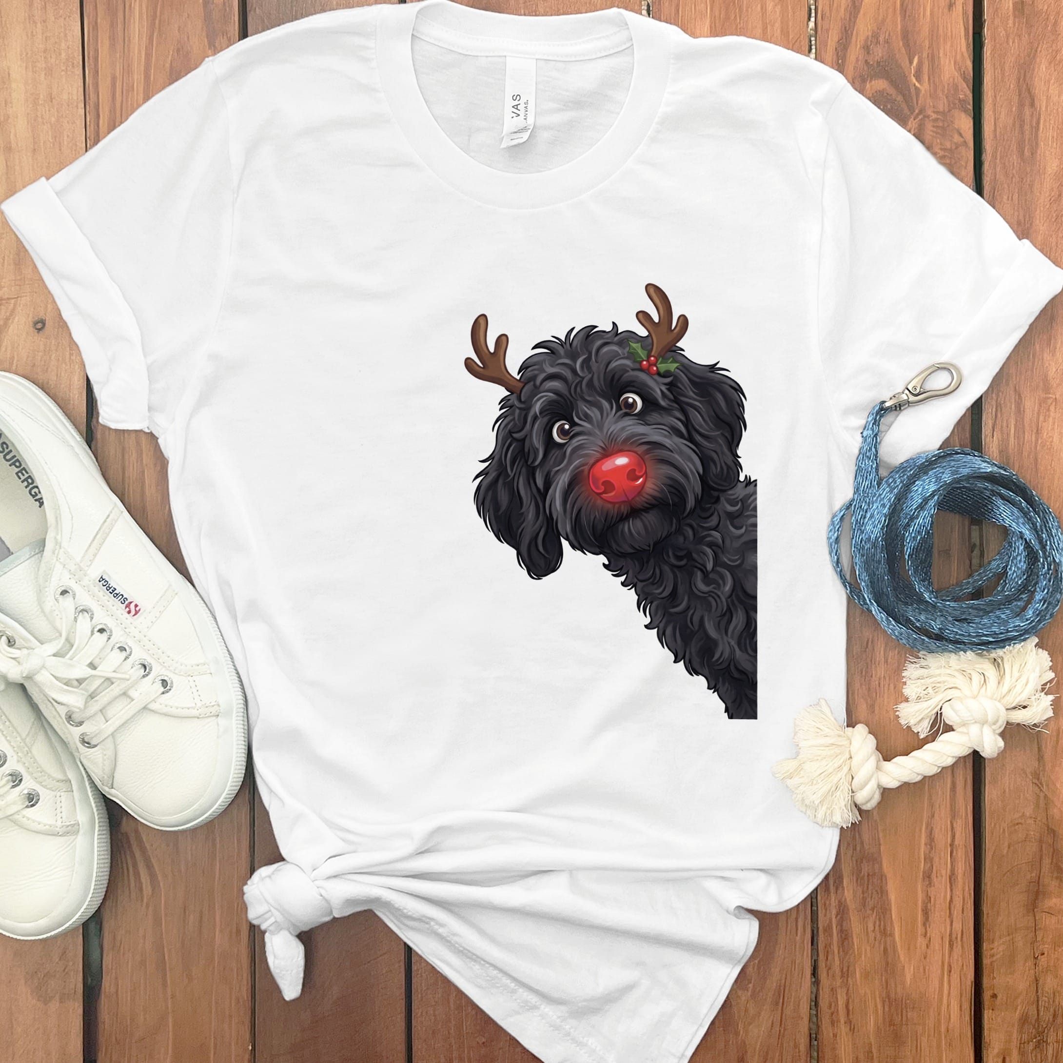 Peeking Rudolph Black Goldendoodle T-Shirt in White / M / T-Shirts by Puppy Jo