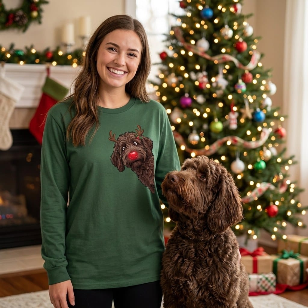Peeking Rudolph Chocolate Goldendoodle Long Sleeve T-Shirt in by Puppy Jo