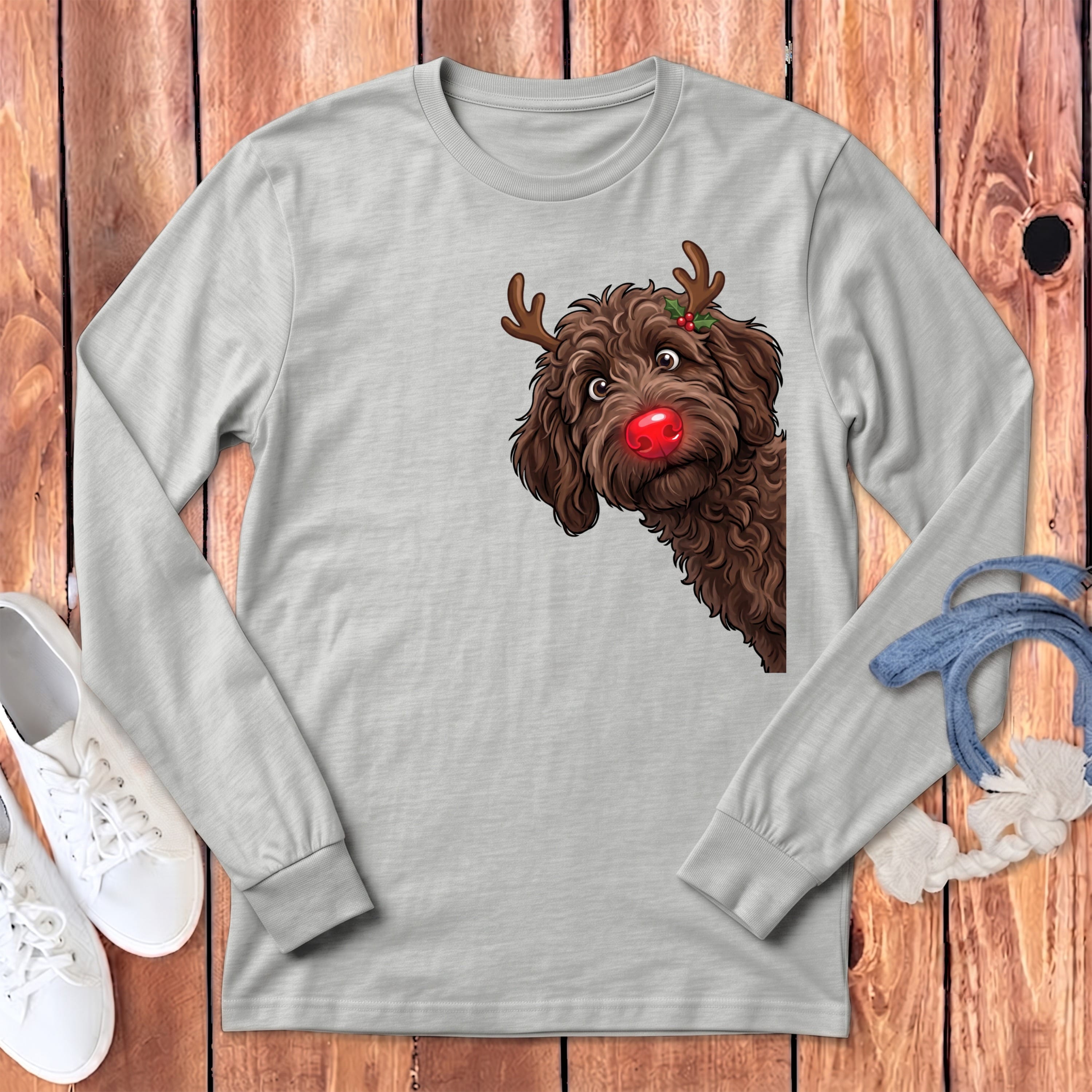 Peeking Rudolph Chocolate Goldendoodle Long Sleeve T-Shirt in S / Athletic Heather by Puppy Jo