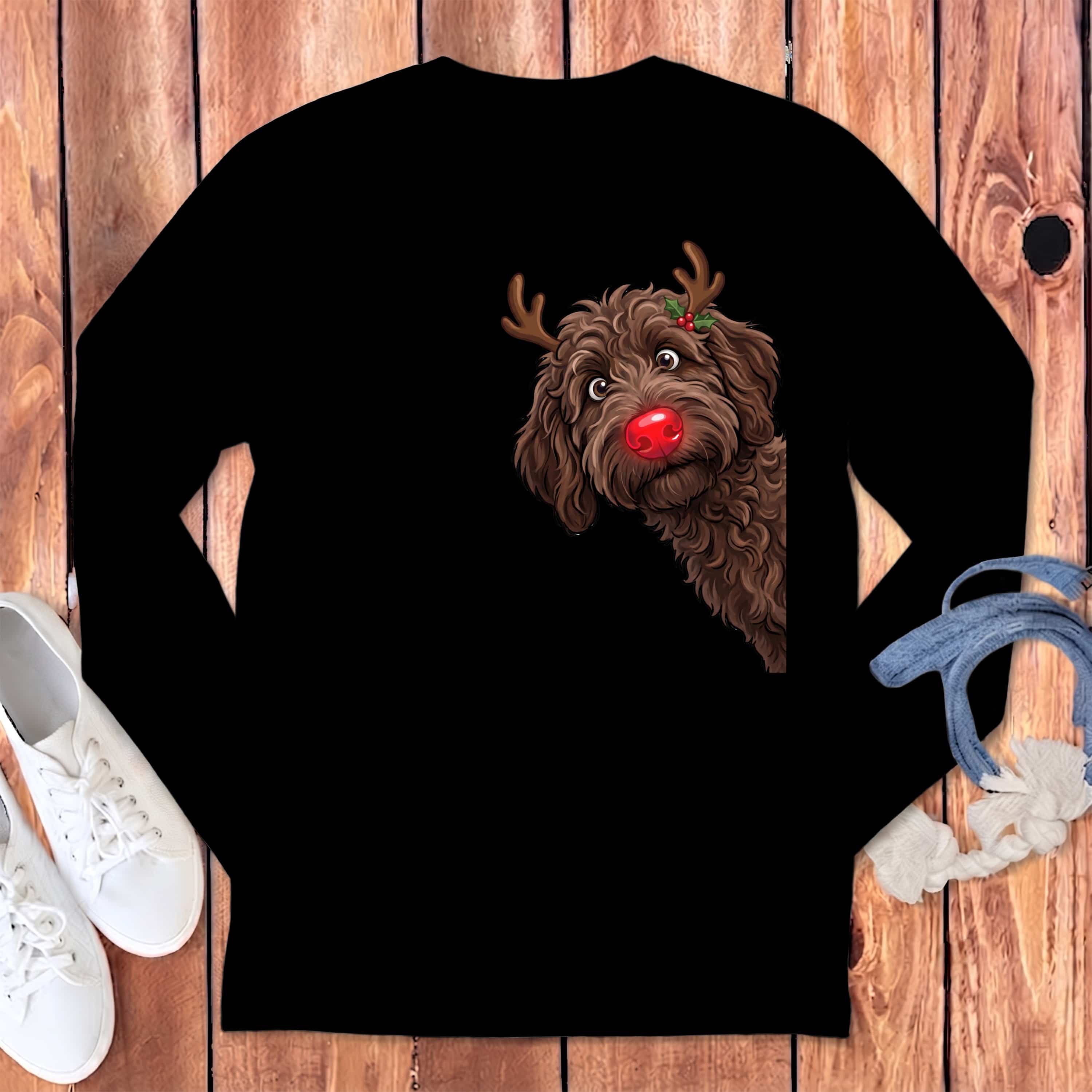 Peeking Rudolph Chocolate Goldendoodle Long Sleeve T-Shirt in S / Black by Puppy Jo