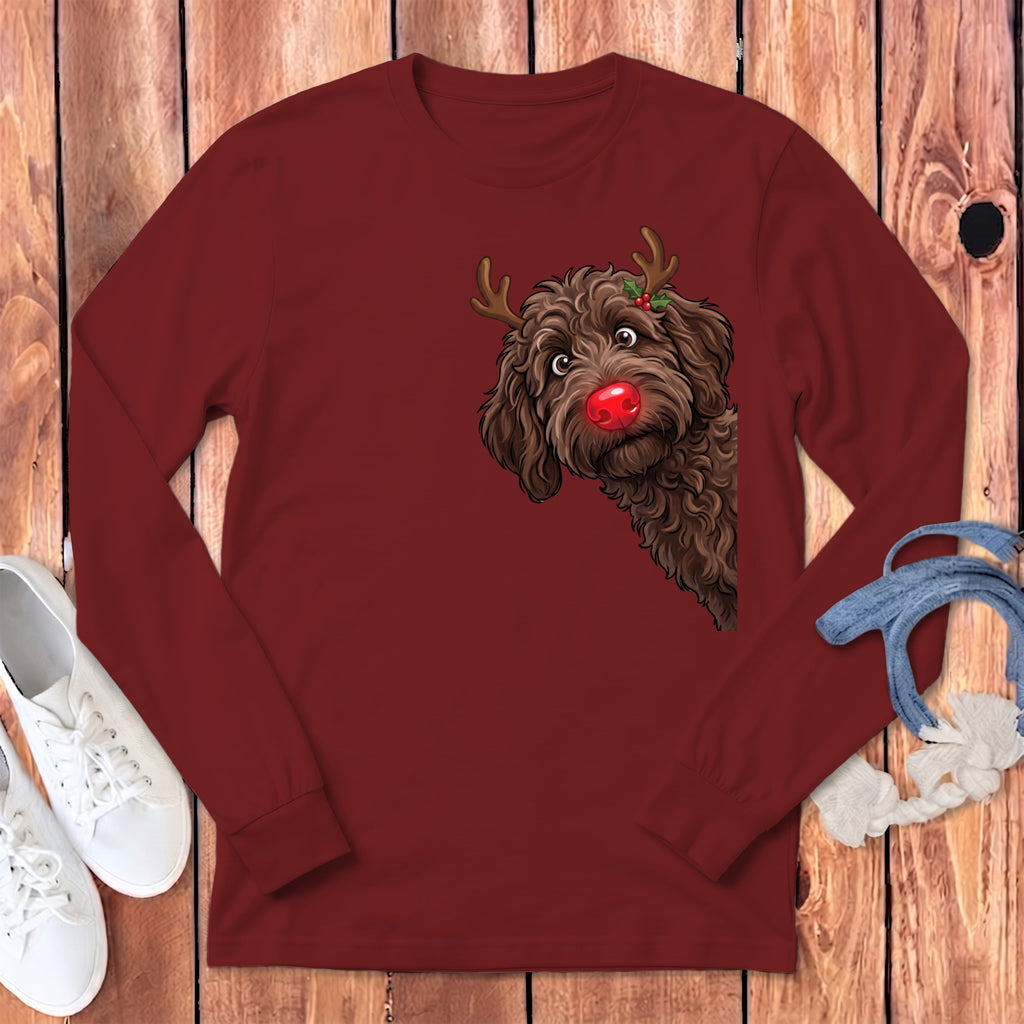 Peeking Rudolph Chocolate Goldendoodle Long Sleeve T-Shirt in S / Cardinal by Puppy Jo