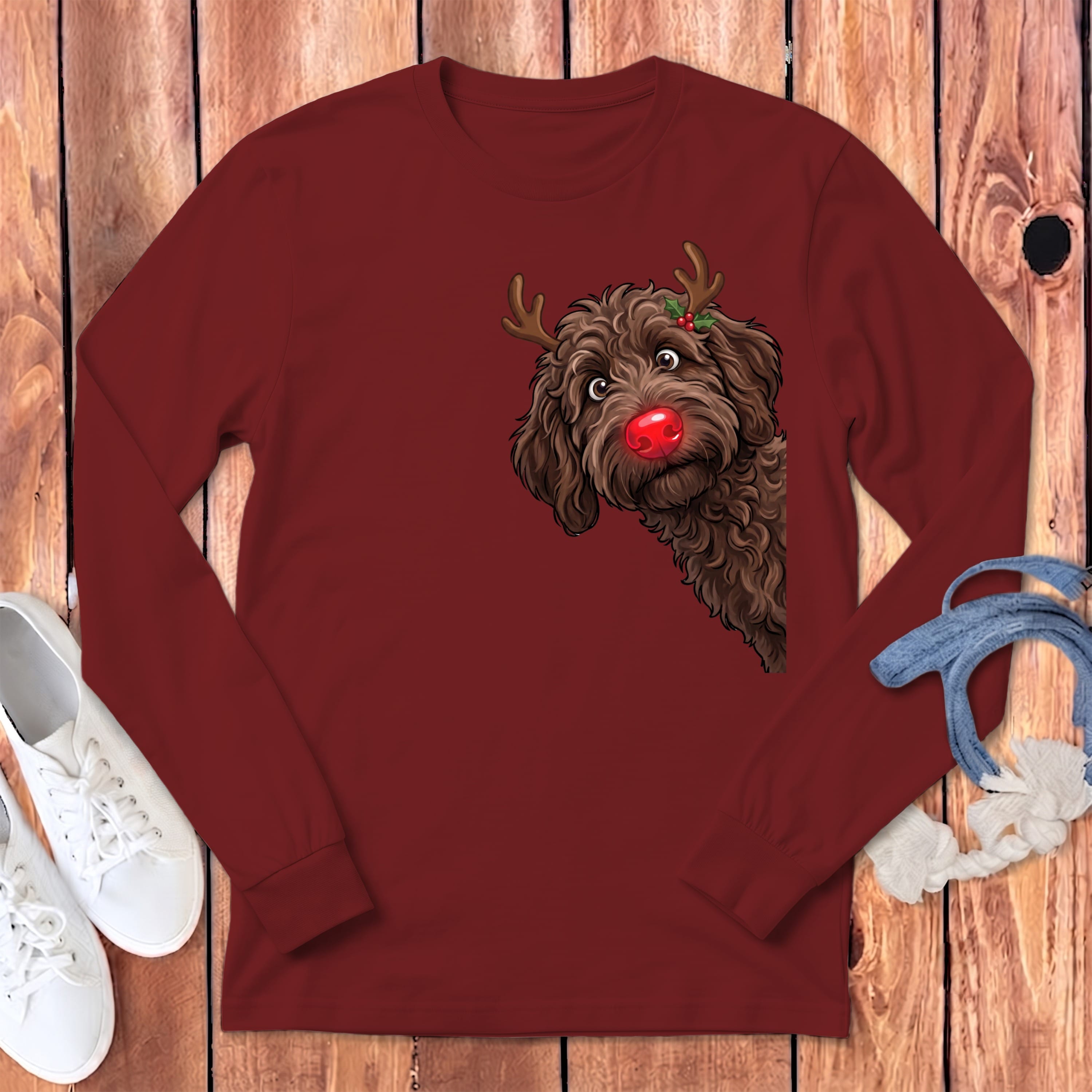 Peeking Rudolph Chocolate Goldendoodle Long Sleeve T-Shirt in S / Cardinal by Puppy Jo