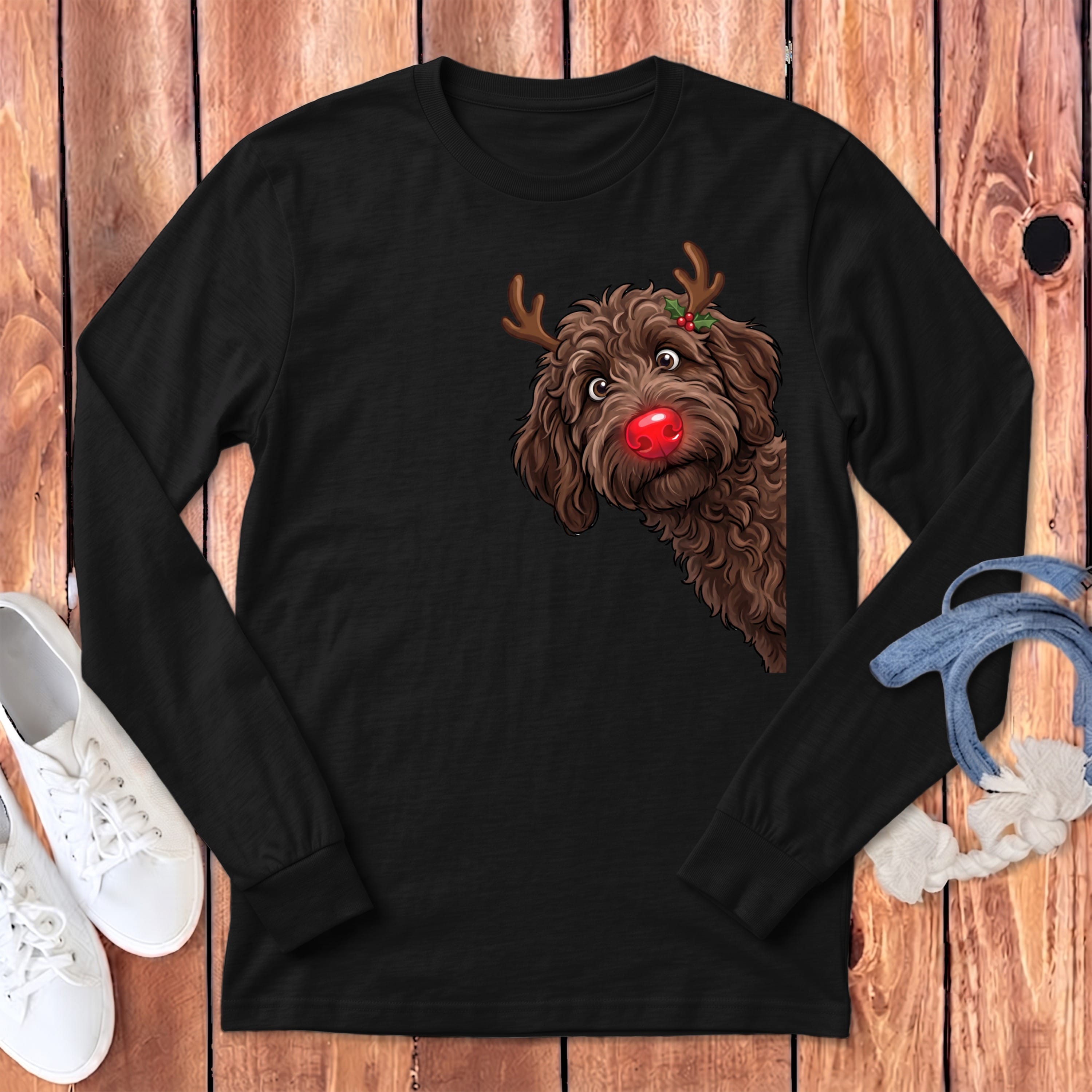 Peeking Rudolph Chocolate Goldendoodle Long Sleeve T-Shirt in S / Dark Grey Heather by Puppy Jo