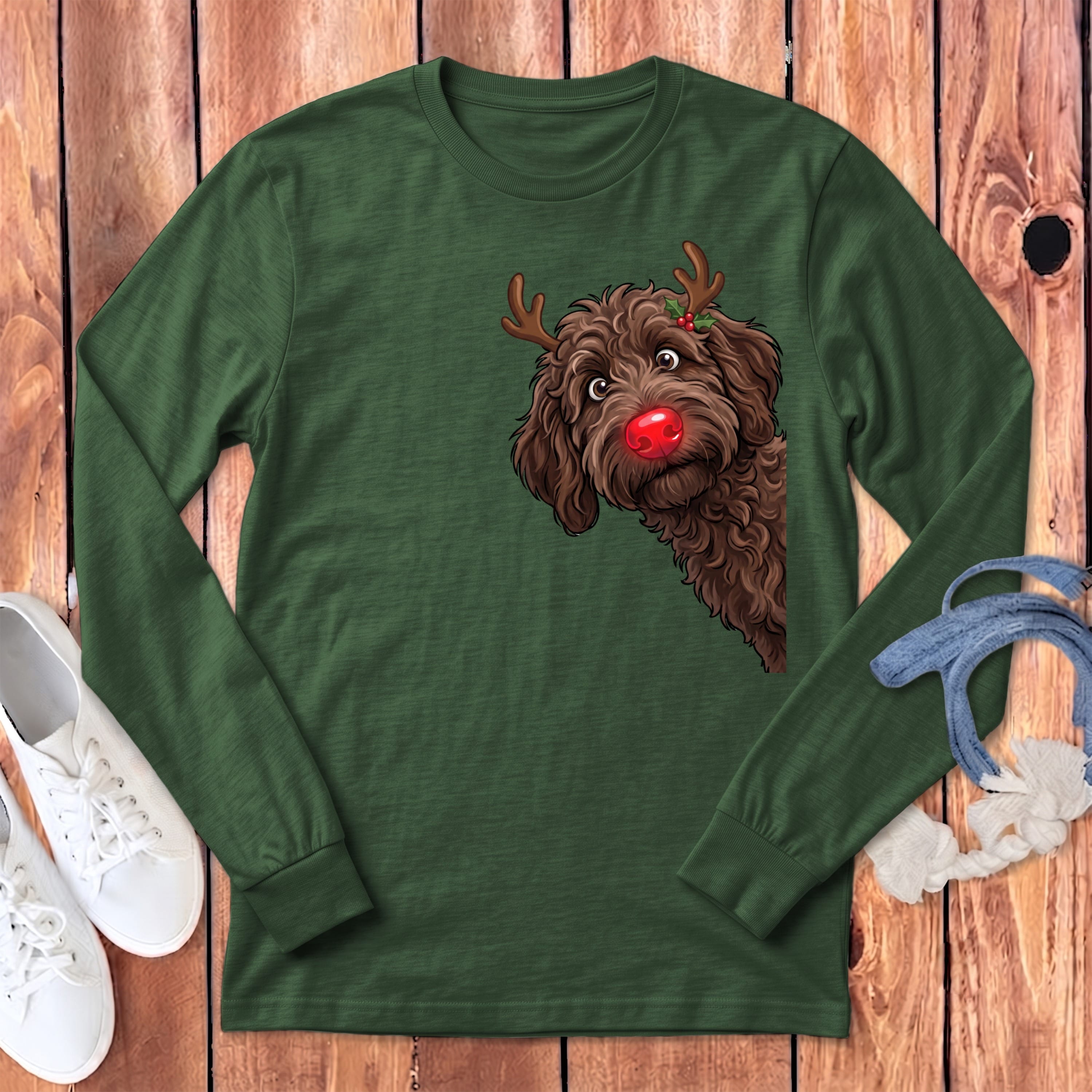 Peeking Rudolph Chocolate Goldendoodle Long Sleeve T-Shirt in S / Heather Forest by Puppy Jo