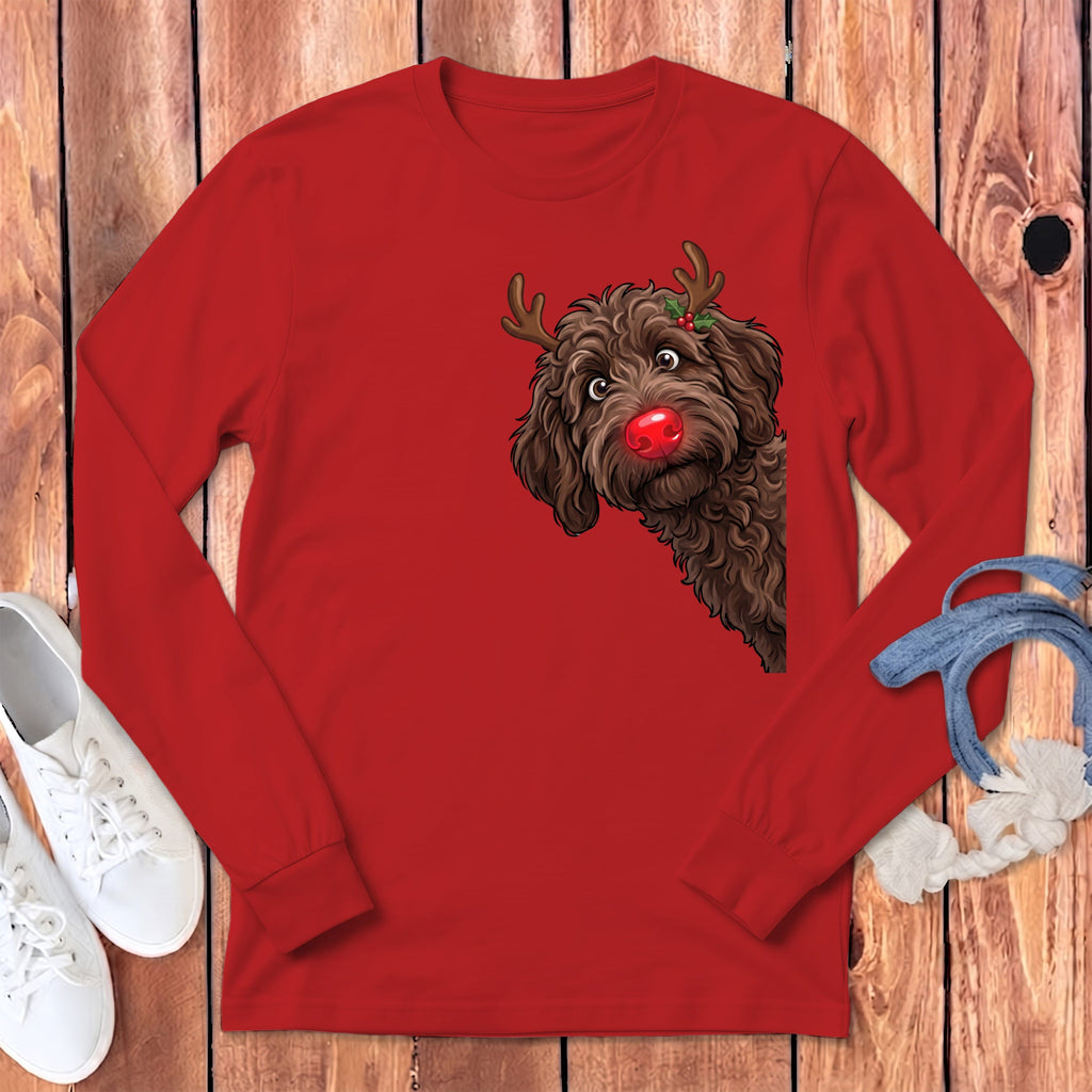 Peeking Rudolph Chocolate Goldendoodle Long Sleeve T-Shirt in S / Red by Puppy Jo
