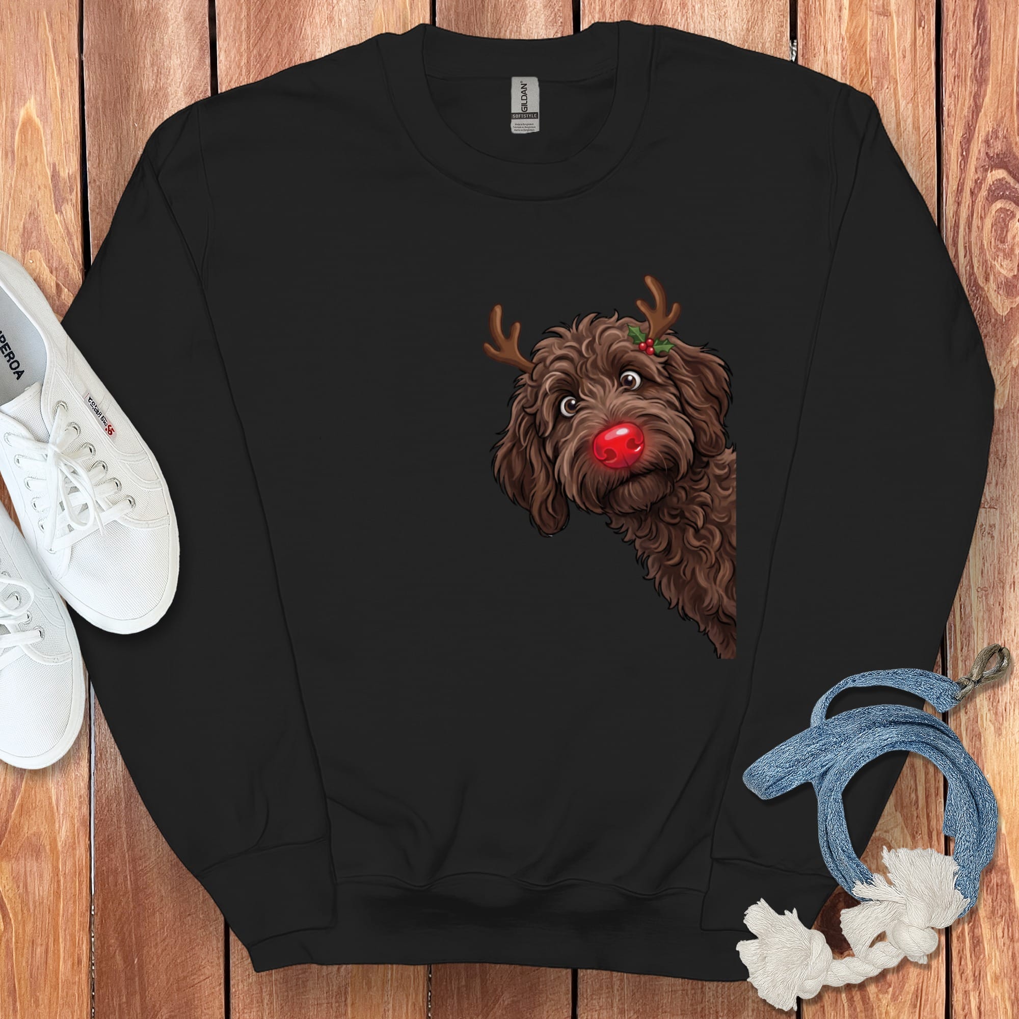 Peeking Rudolph Chocolate Goldendoodle Sweatshirt in Black / M by Puppy Jo