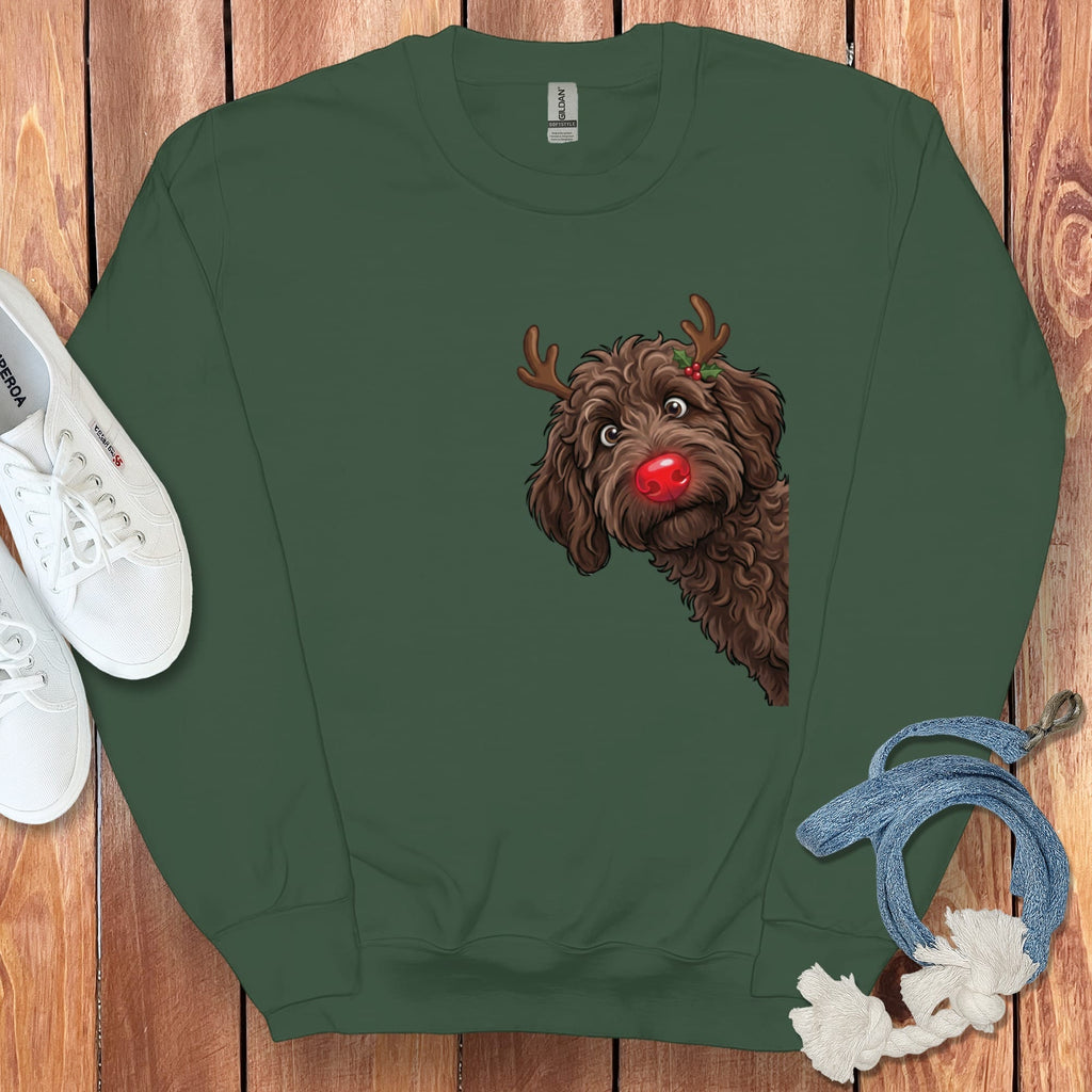 Peeking Rudolph Chocolate Goldendoodle Sweatshirt in Forest Green / M by Puppy Jo