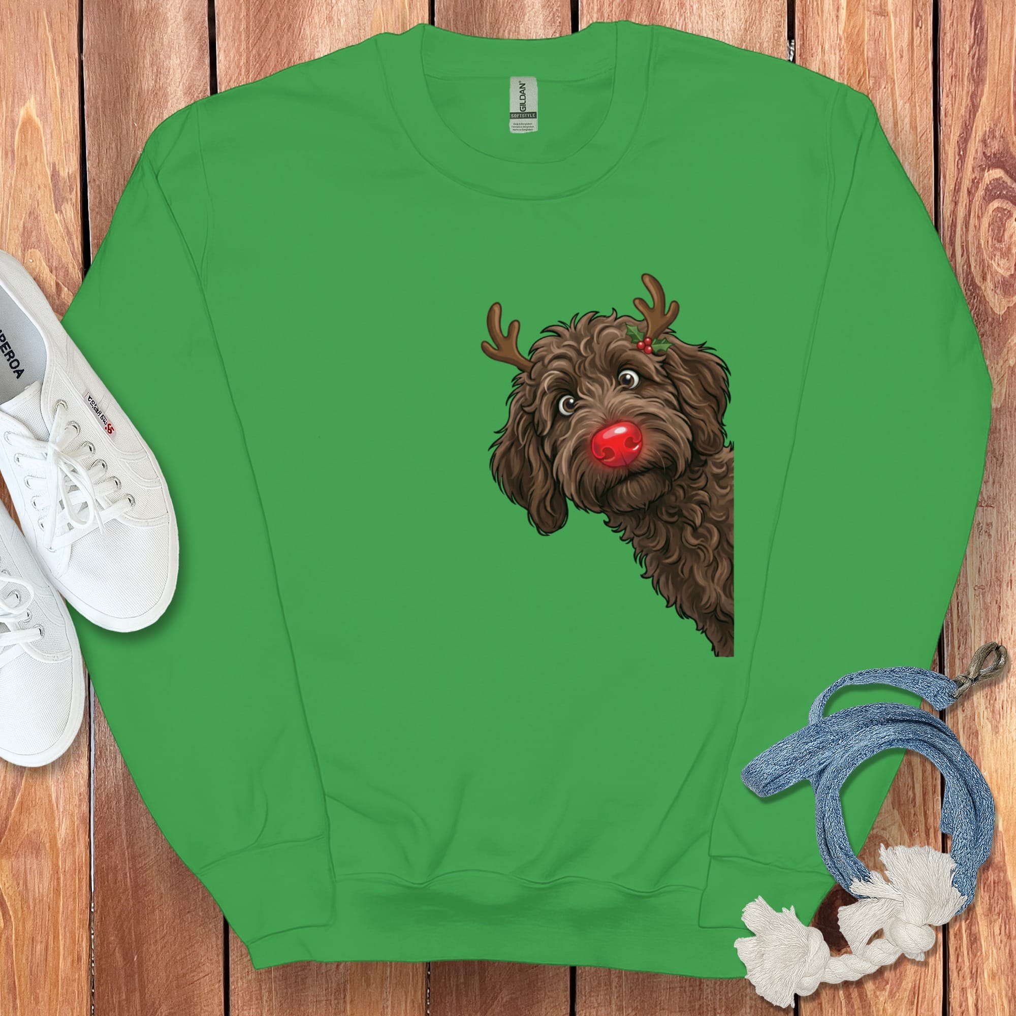 Peeking Rudolph Chocolate Goldendoodle Sweatshirt in Irish Green / M by Puppy Jo