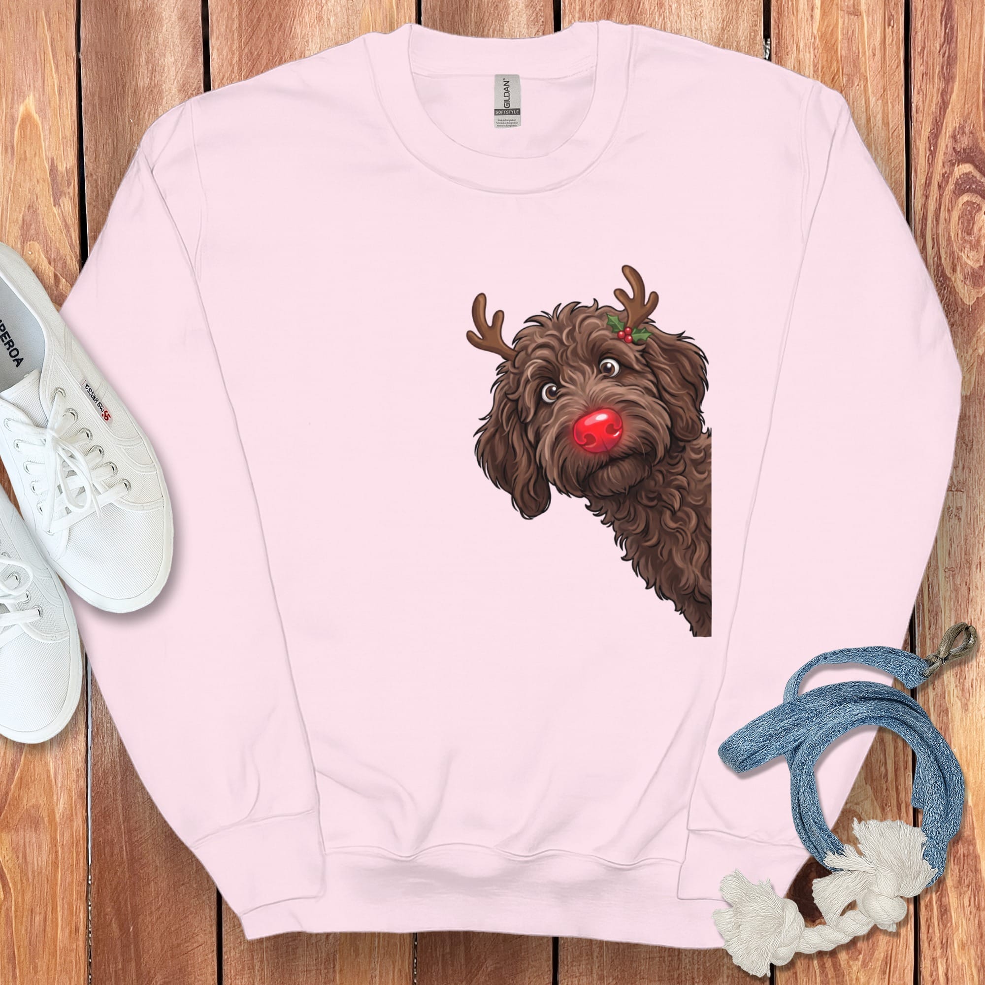 Peeking Rudolph Chocolate Goldendoodle Sweatshirt in Light Pink / M by Puppy Jo
