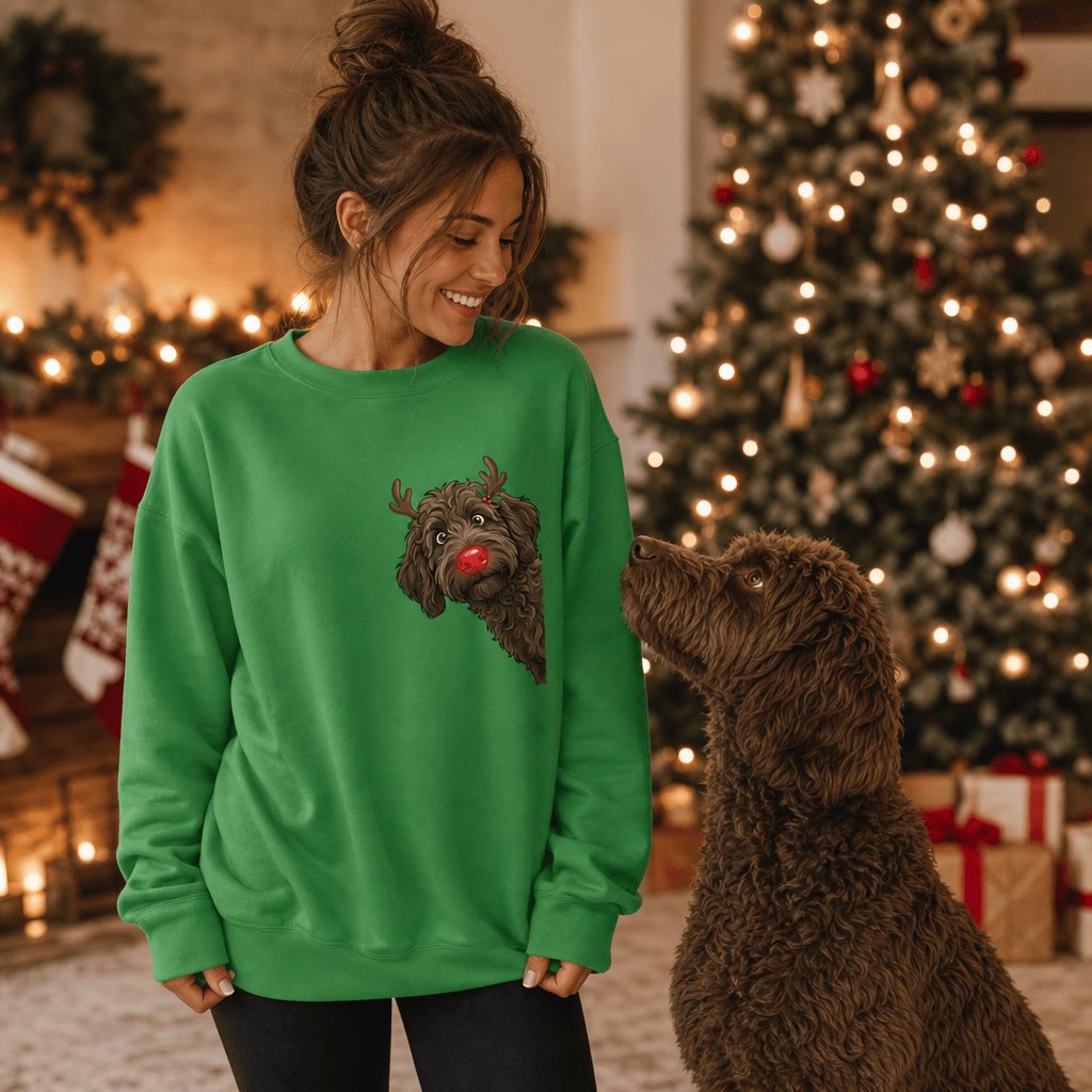 Peeking Rudolph Chocolate Goldendoodle Sweatshirt in by Puppy Jo