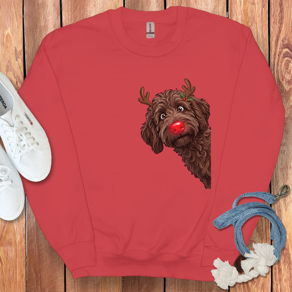 Peeking Rudolph Chocolate Goldendoodle Sweatshirt in Red / M by Puppy Jo