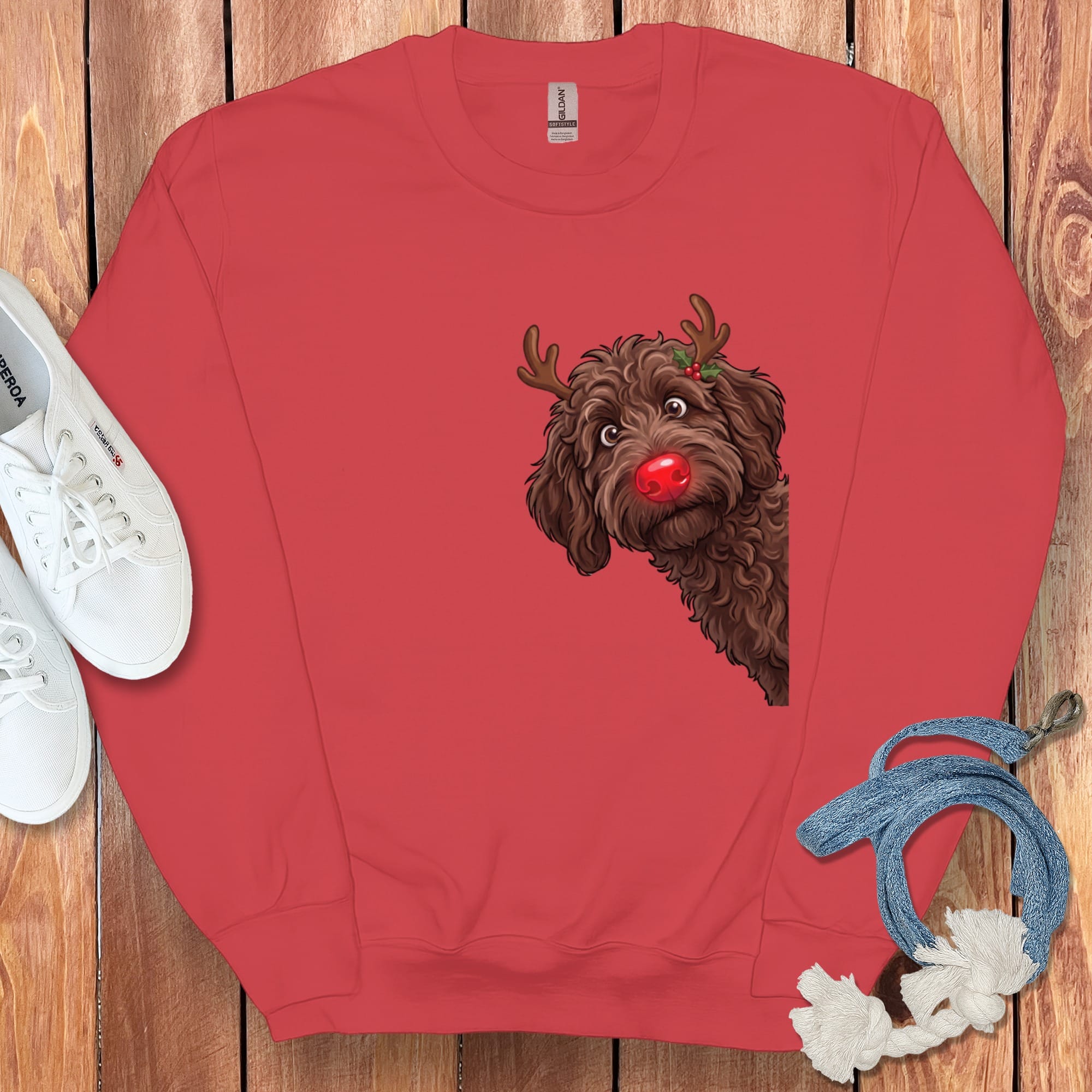 Peeking Rudolph Chocolate Goldendoodle Sweatshirt in Red / M by Puppy Jo