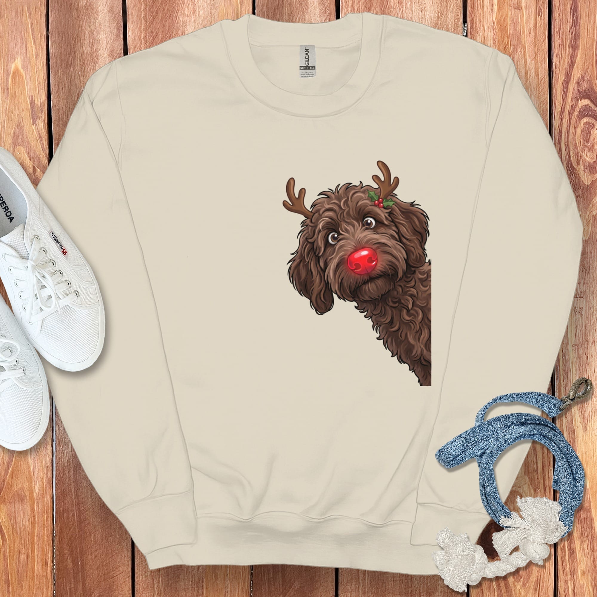 Peeking Rudolph Chocolate Goldendoodle Sweatshirt in Sand / M by Puppy Jo
