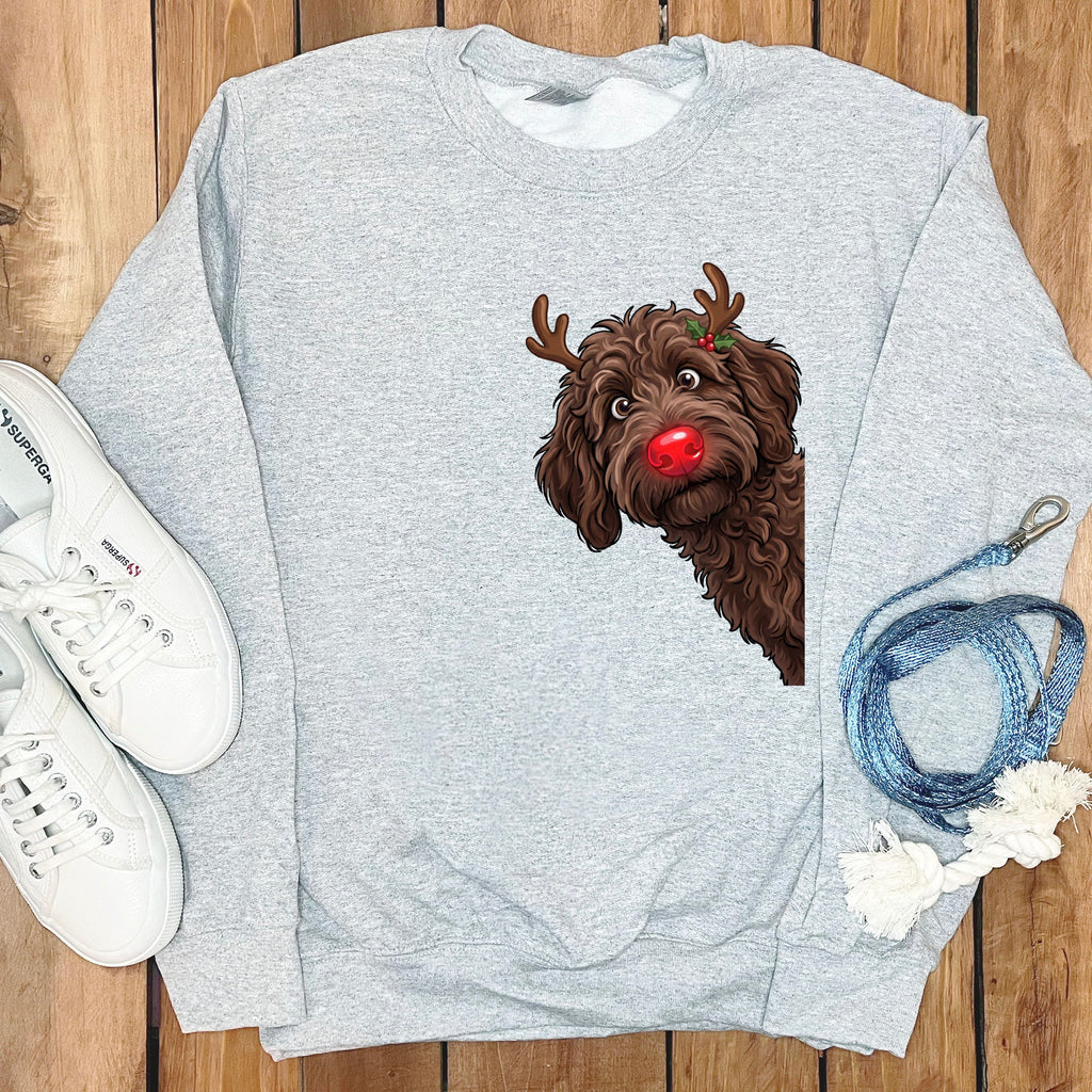 Peeking Rudolph Chocolate Goldendoodle Sweatshirt in Sport Grey / M by Puppy Jo