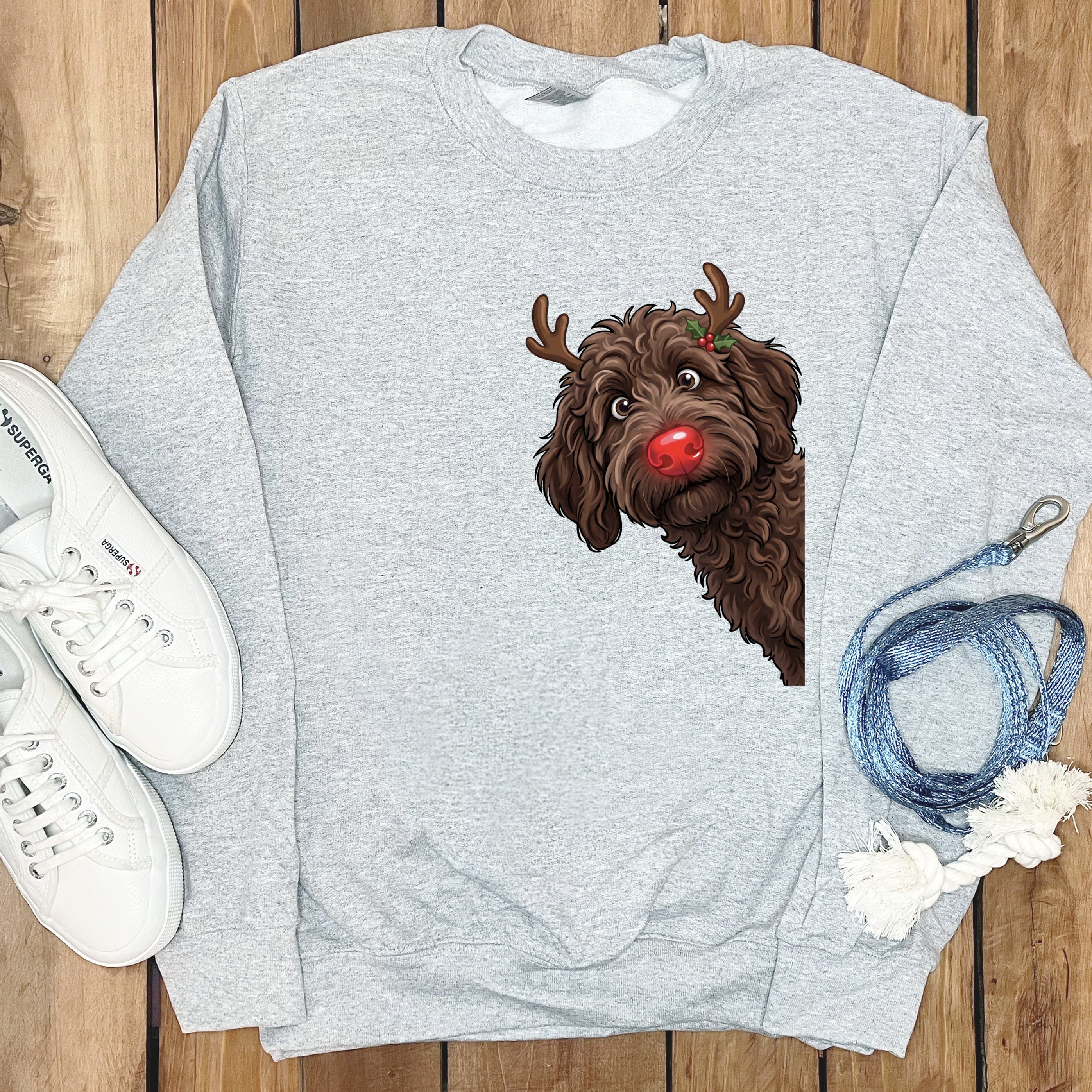 Peeking Rudolph Chocolate Goldendoodle Sweatshirt in Sport Grey / M by Puppy Jo