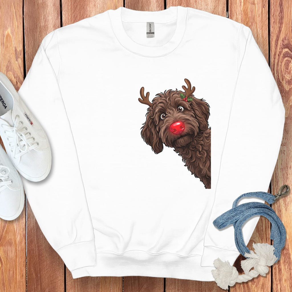 Peeking Rudolph Chocolate Goldendoodle Sweatshirt in White / M by Puppy Jo