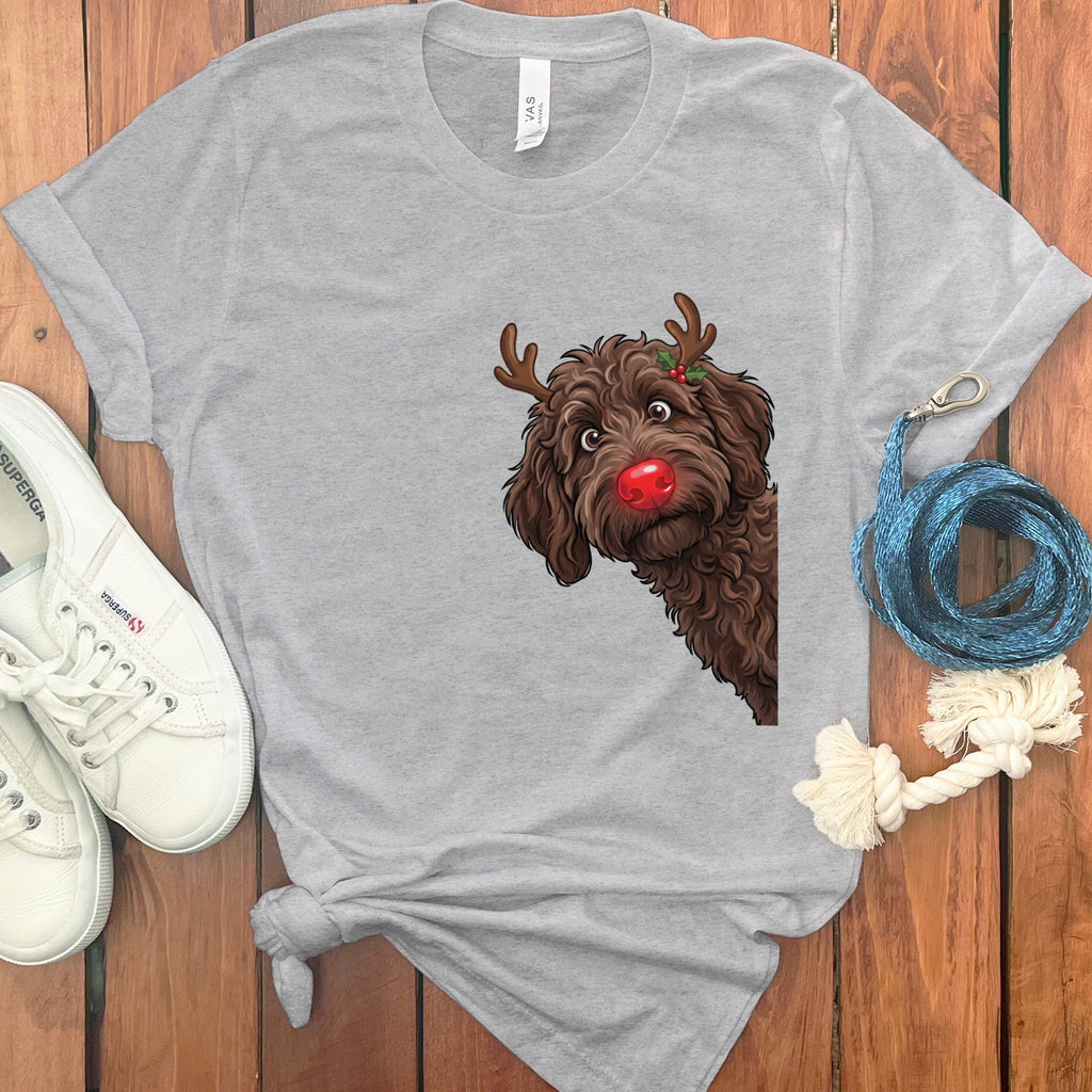 Peeking Rudolph Chocolate Goldendoodle T-Shirt in Athletic Heather / M / T-Shirts by Puppy Jo