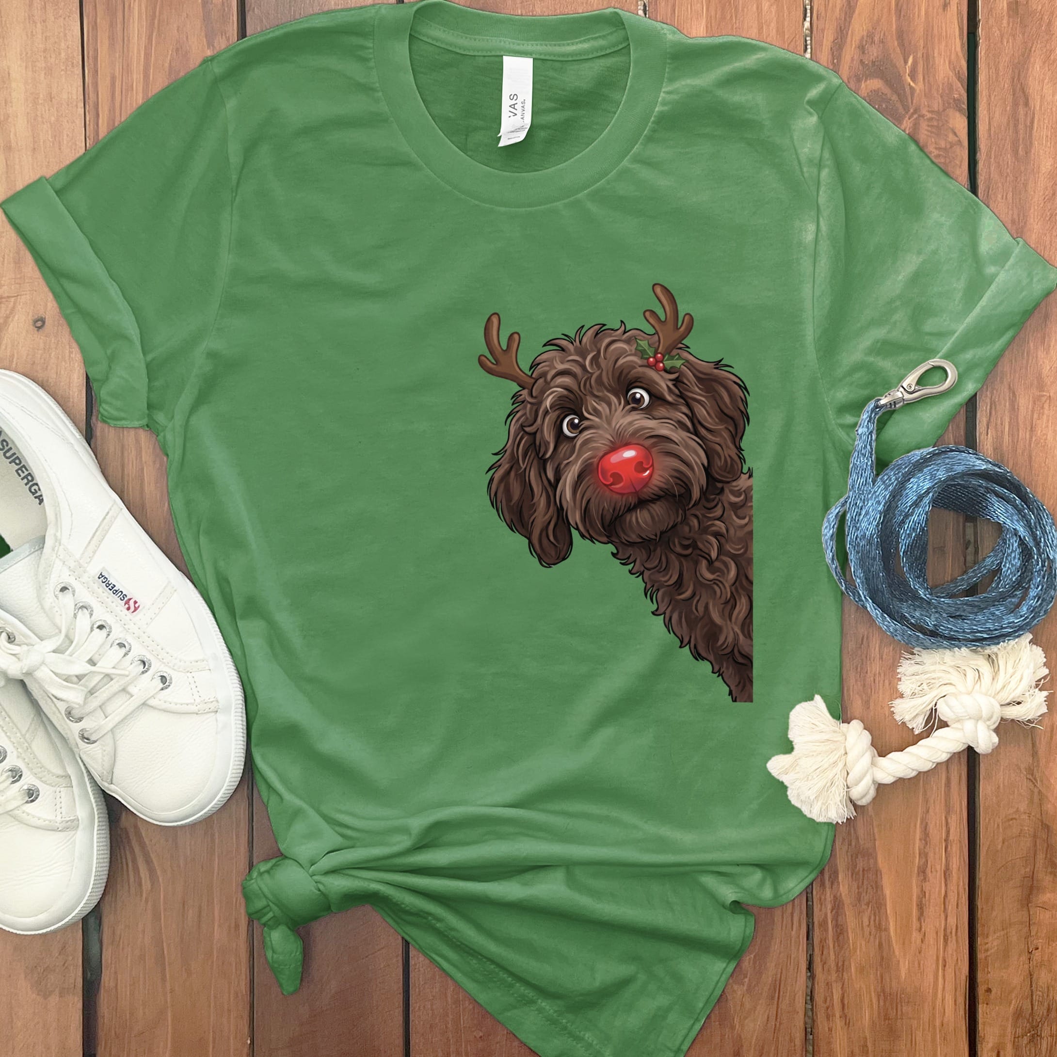 Peeking Rudolph Chocolate Goldendoodle T-Shirt in Leaf / M / T-Shirts by Puppy Jo