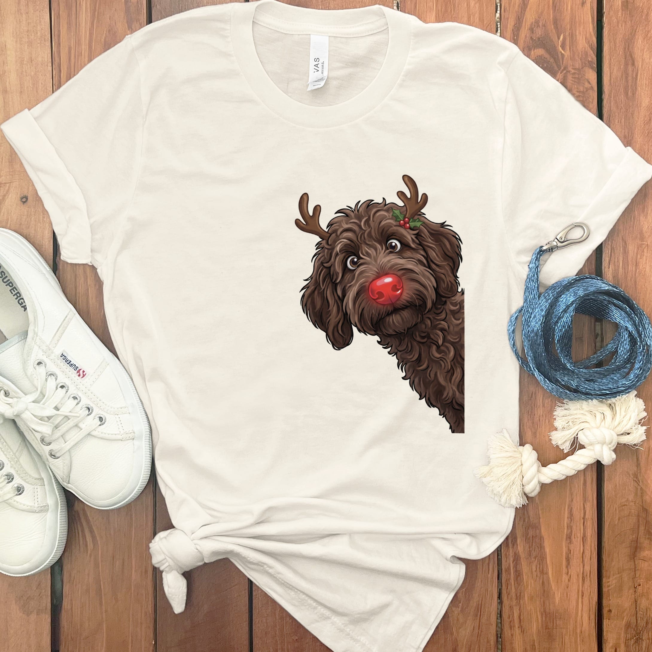 Peeking Rudolph Chocolate Goldendoodle T-Shirt in Natural / M / T-Shirts by Puppy Jo