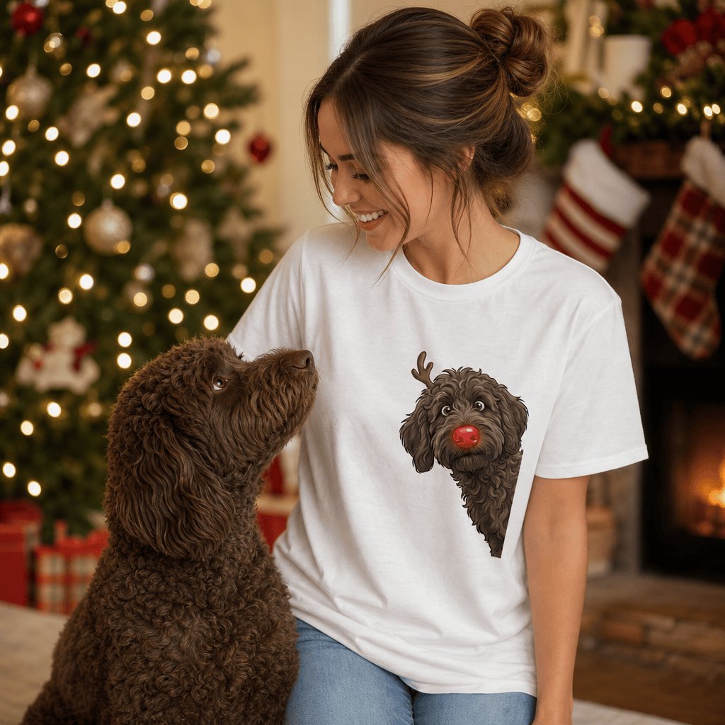 Peeking Rudolph Chocolate Goldendoodle T-Shirt in by Puppy Jo