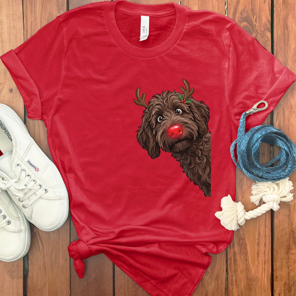 Peeking Rudolph Chocolate Goldendoodle T-Shirt in Red / M / T-Shirts by Puppy Jo