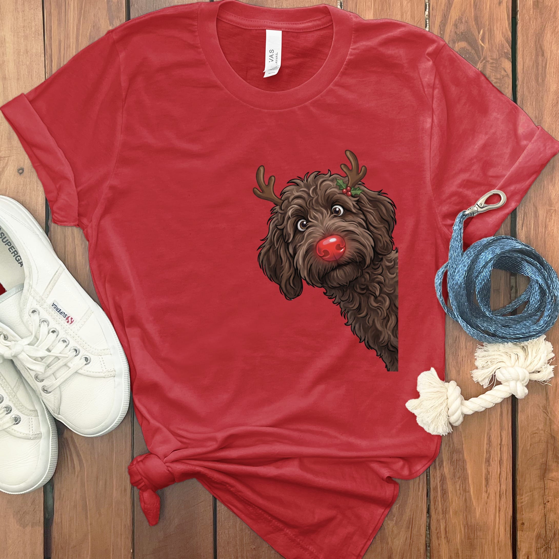 Peeking Rudolph Chocolate Goldendoodle T-Shirt in Red / M / T-Shirts by Puppy Jo
